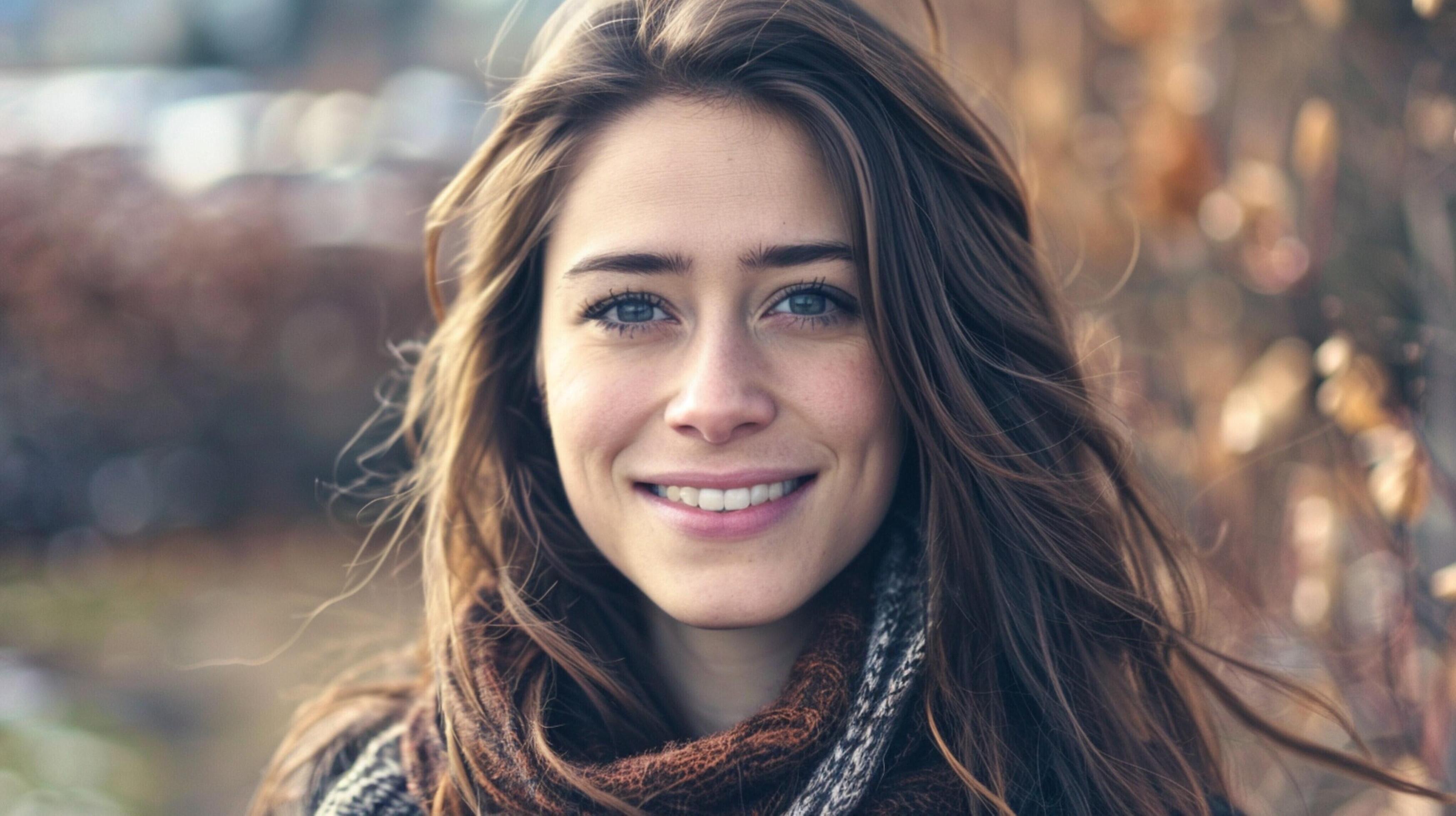 young woman with long brown hair smiling Stock Free