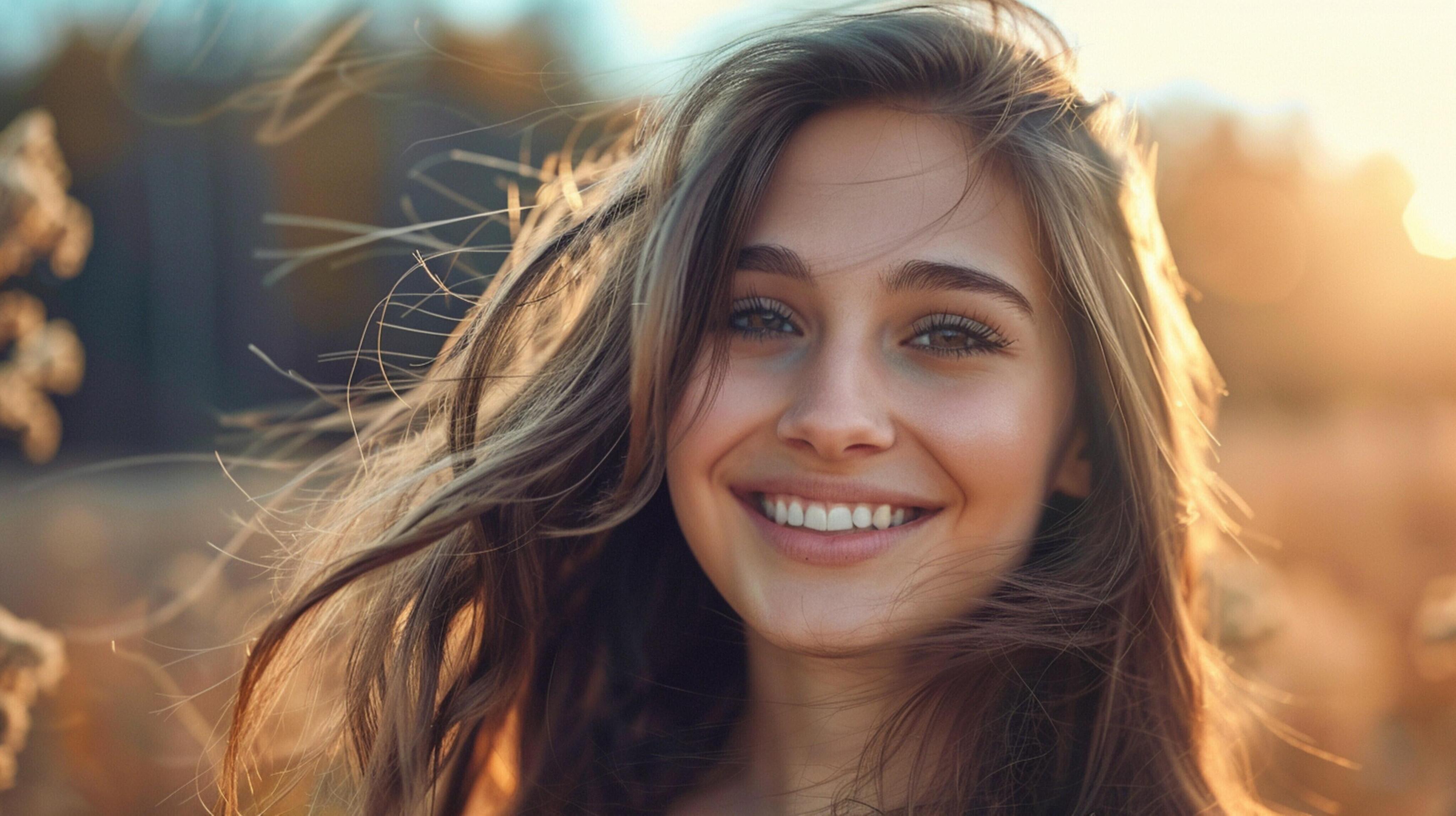 young woman with long brown hair smiling Stock Free