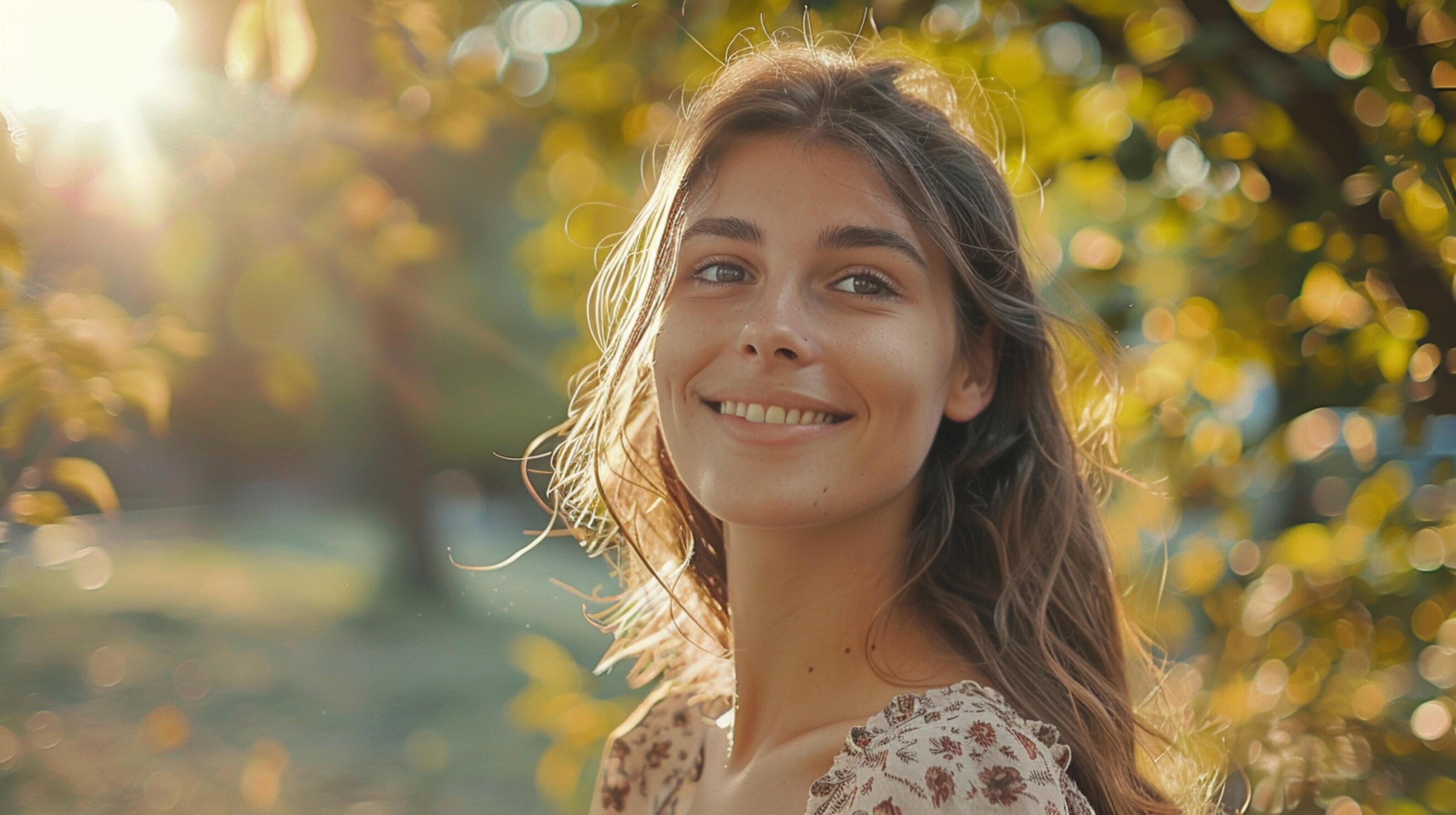 
									young woman outdoors looking at camera smiling Stock Free