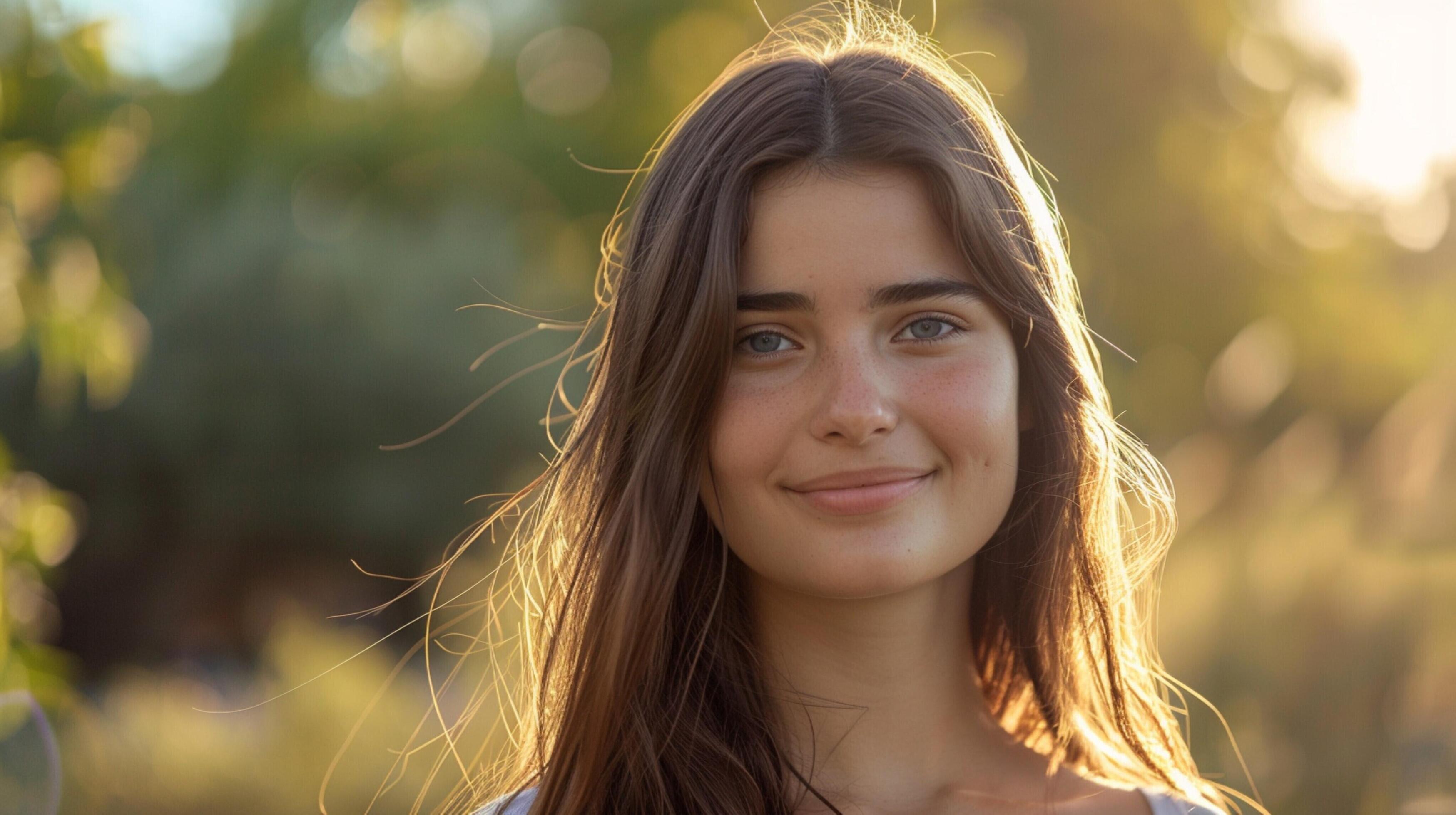 young woman with long brown hair smiling Stock Free