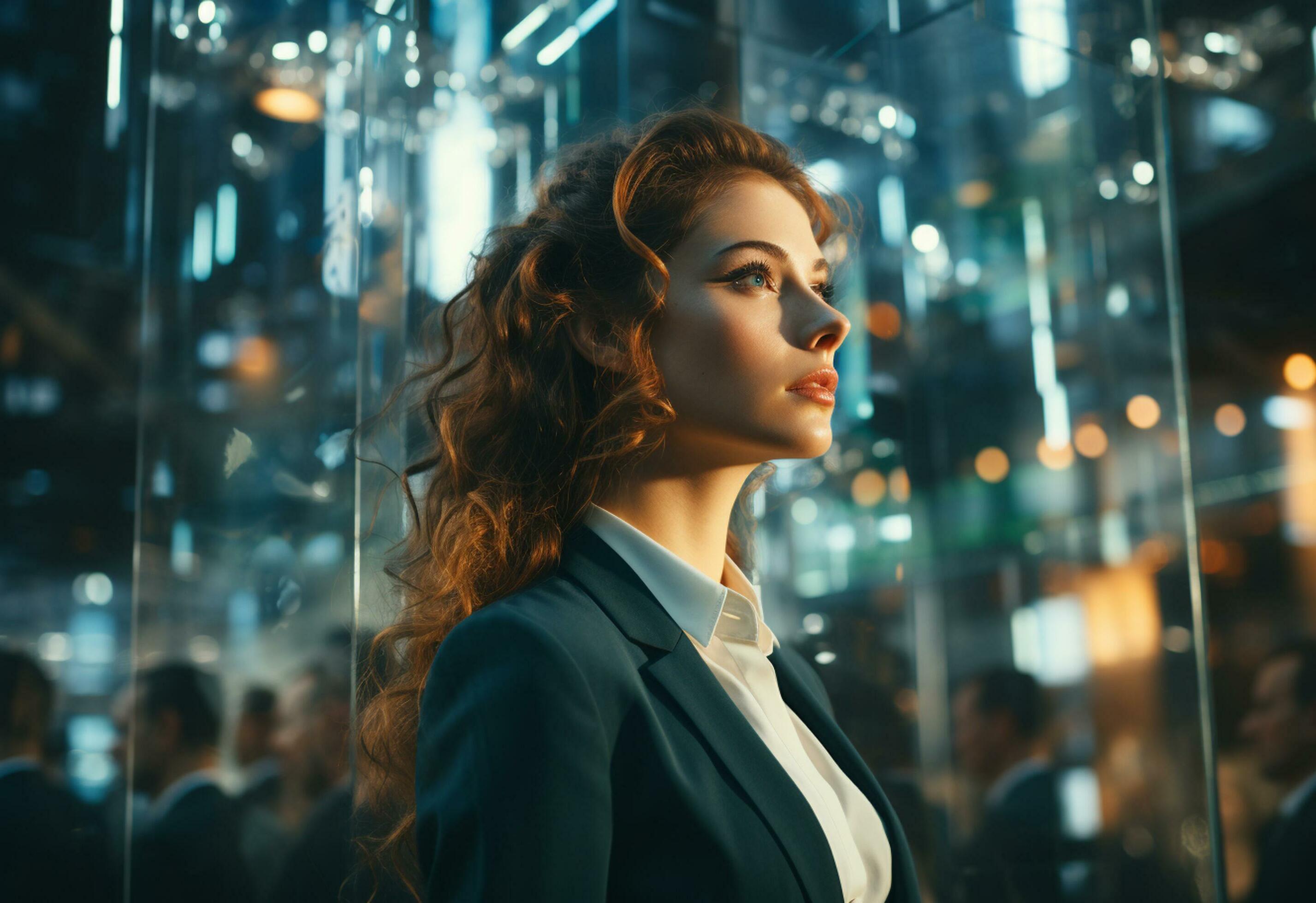 
									A Double Exposure of a Business women in the Cityscape Embodies Success and Future Plans realistic Stock Free