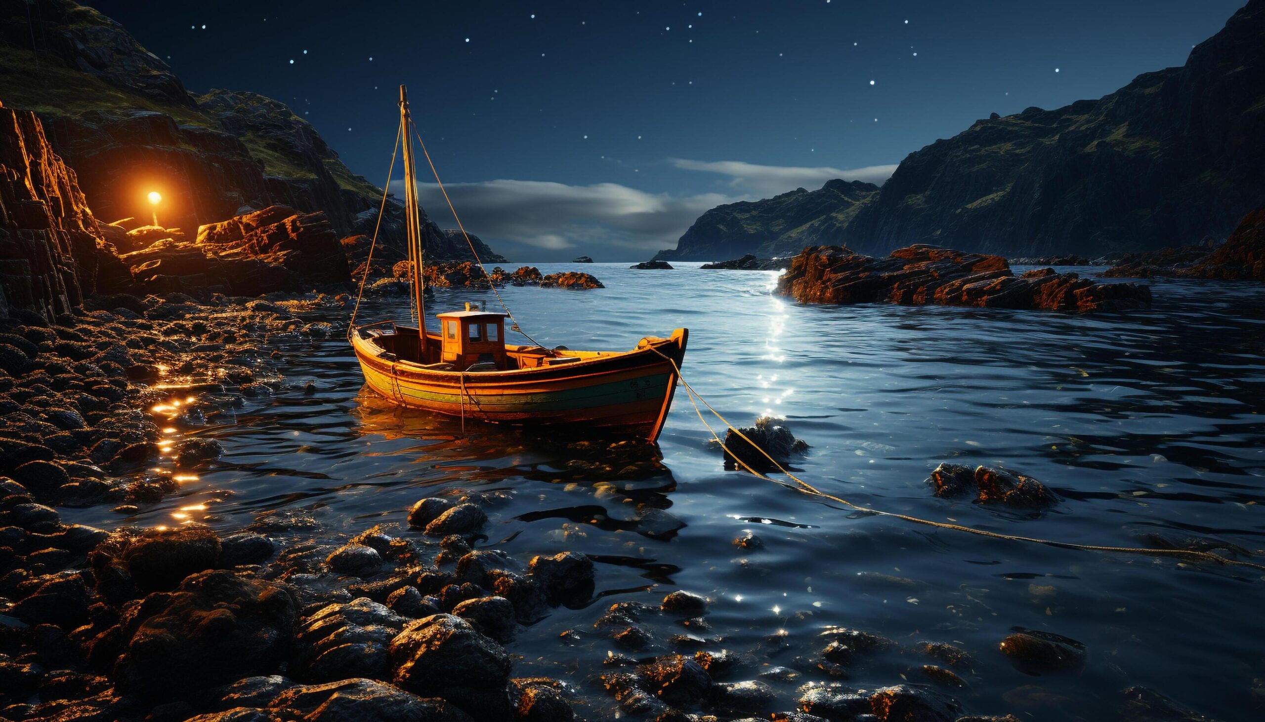 
									Nautical vessel sails on tranquil seascape, under moonlight and stars generated by AI Free Photo