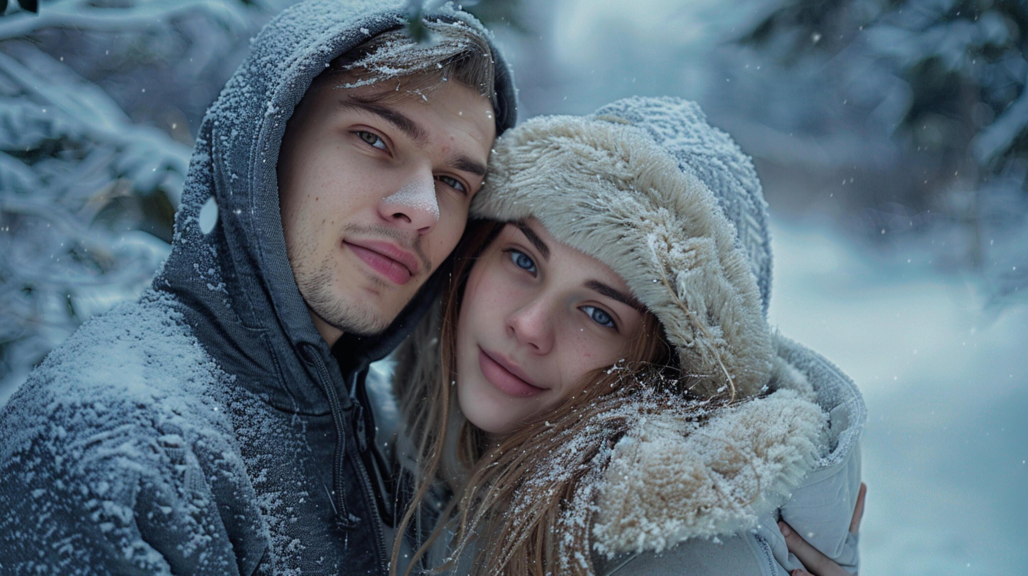 
									young couple in hooded shirts looking at camera Stock Free