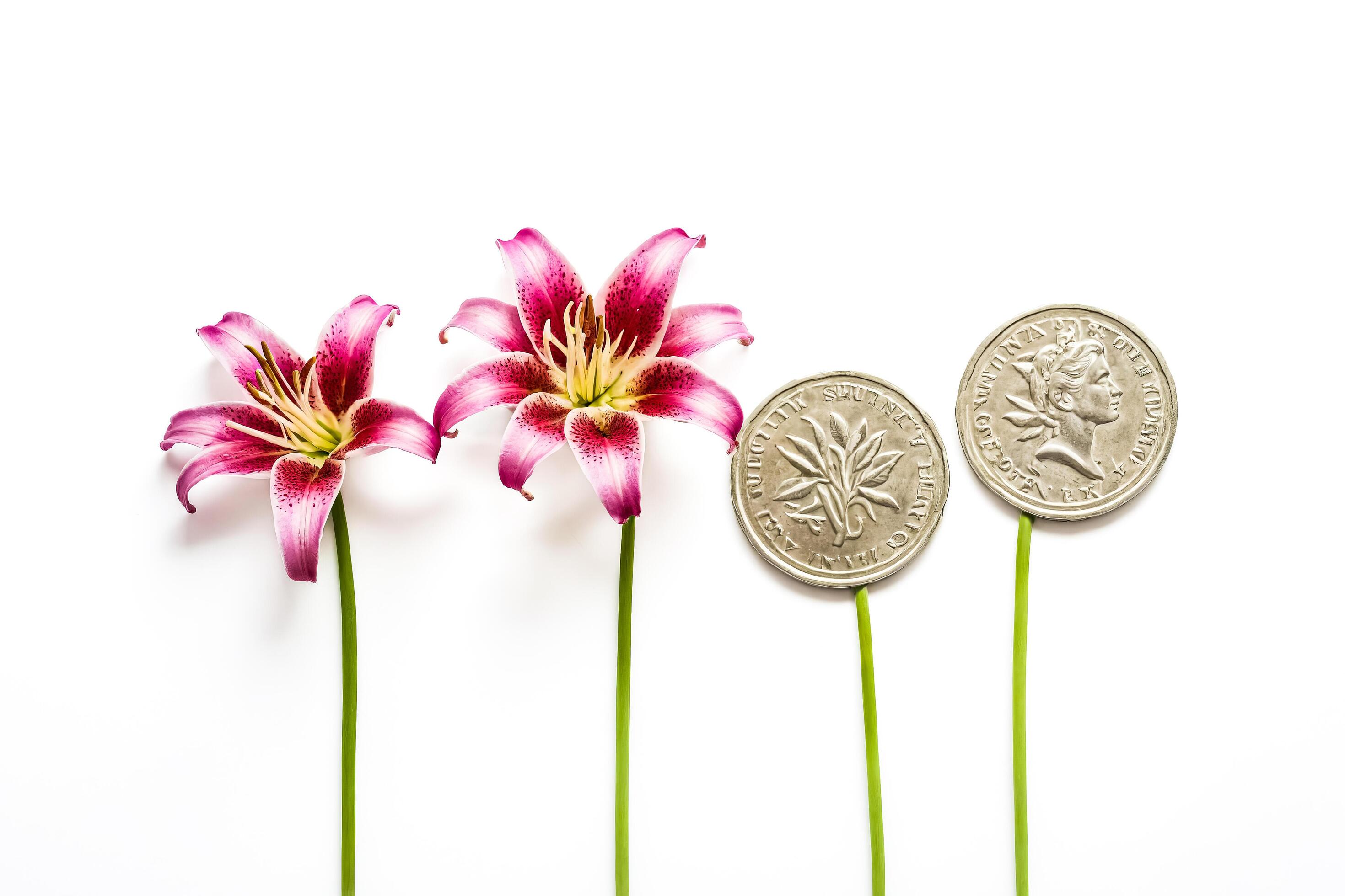 Pink Lilies and Coins on White Background Stock Free