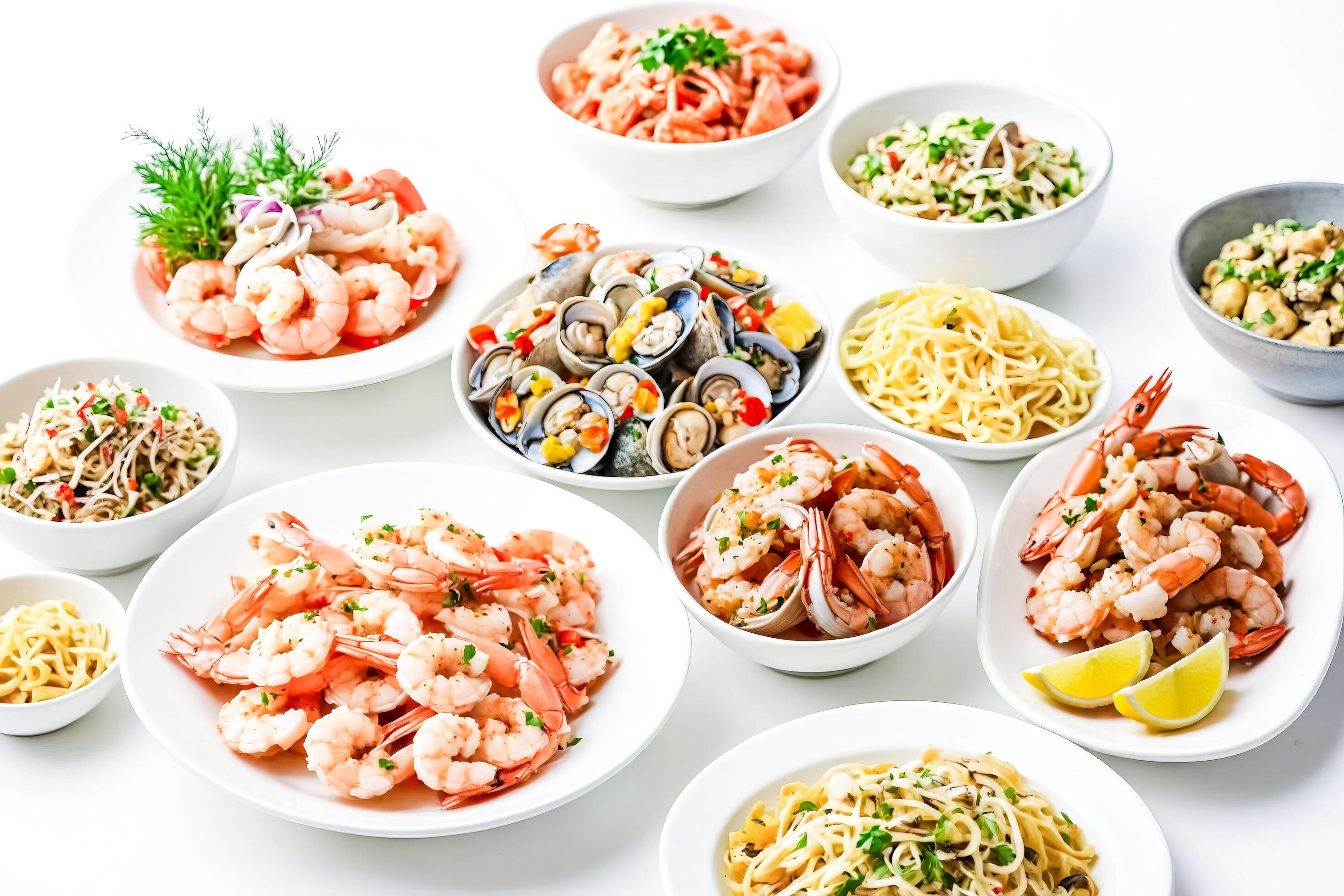 Assorted Seafood Dishes on a White Background Stock Free