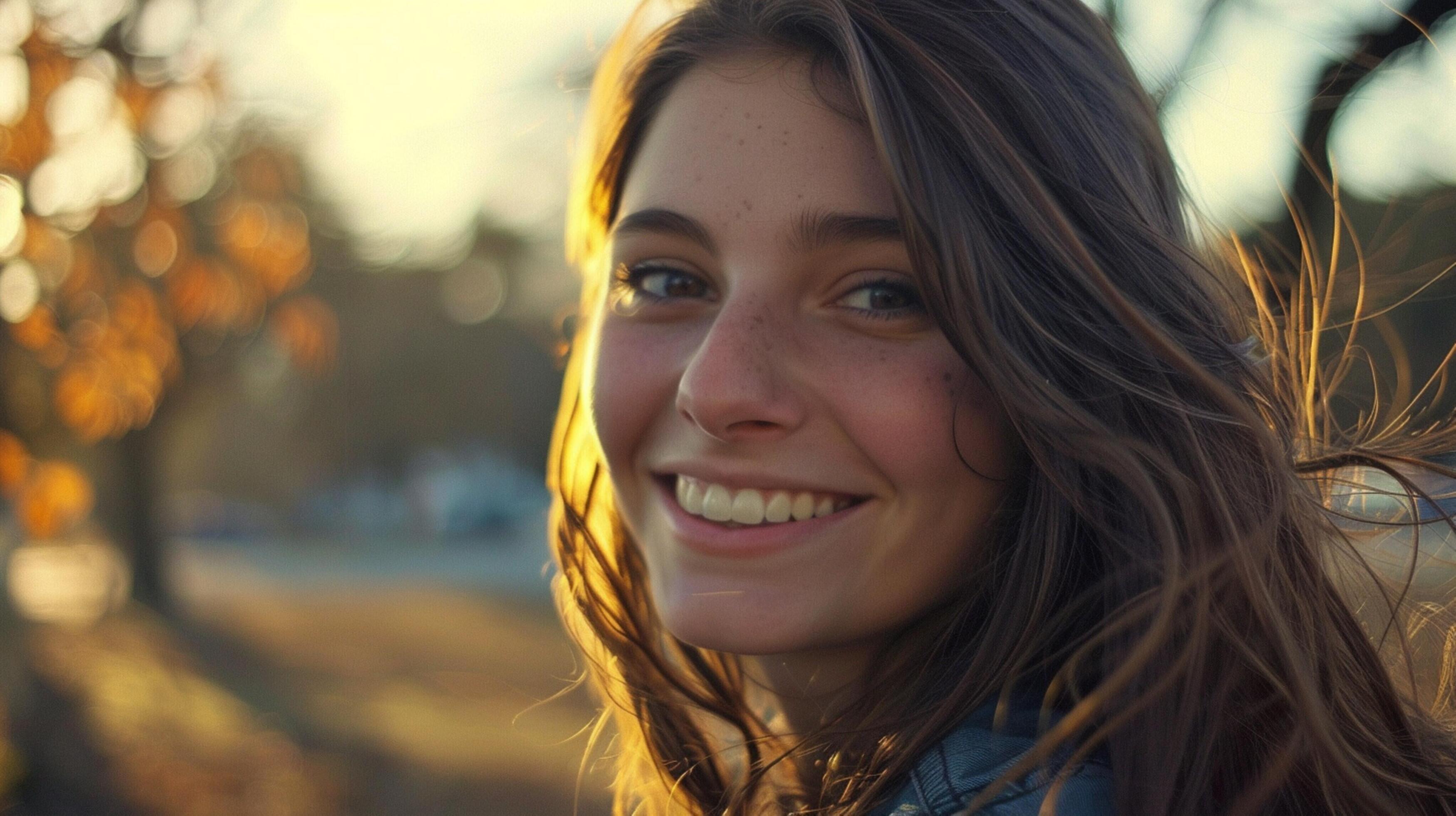 young woman with long brown hair smiling Stock Free