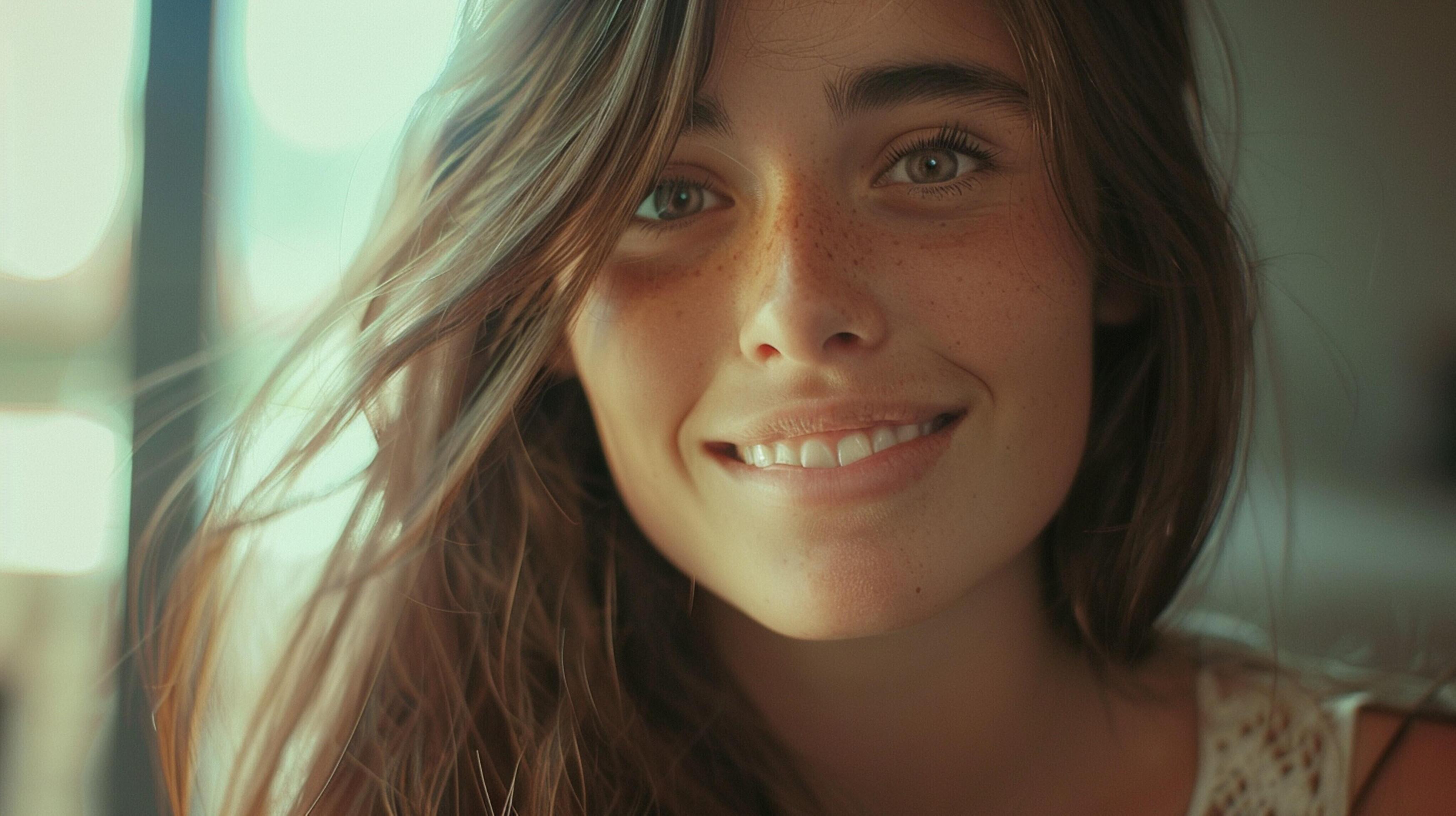 
									young woman with long brown hair smiling Stock Free