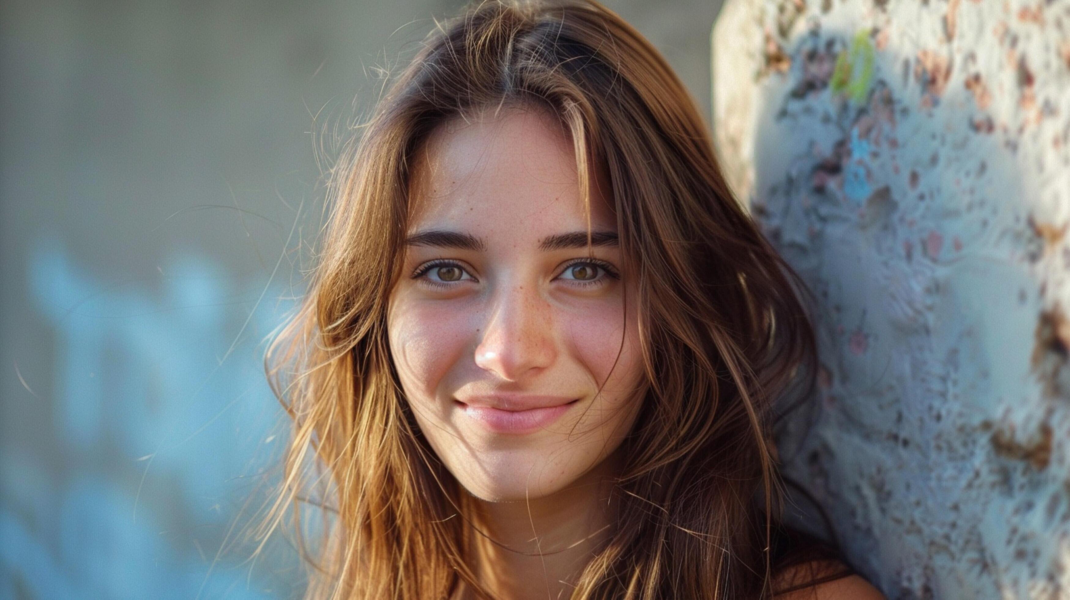 young woman with long brown hair smiling Stock Free