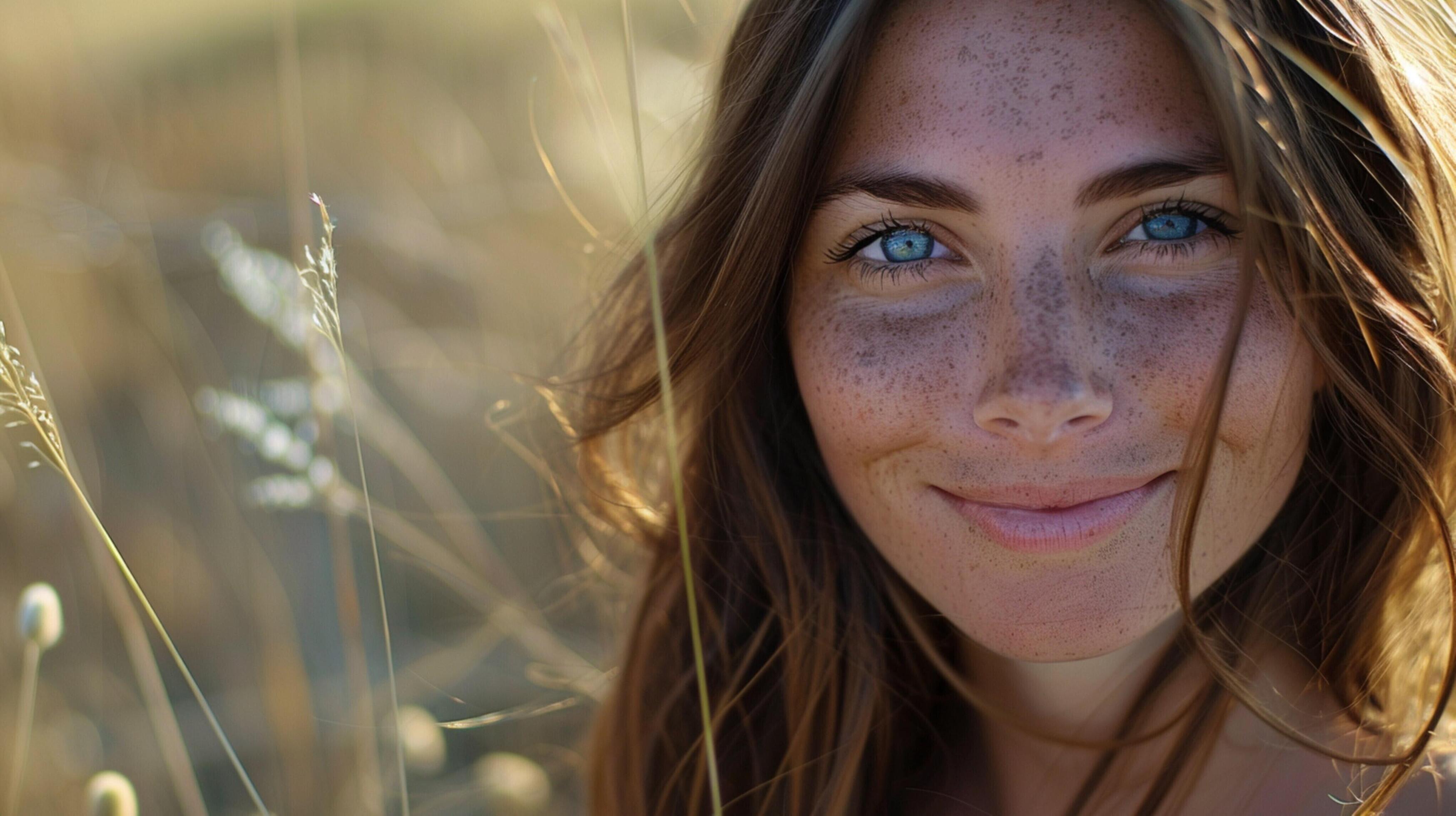 young woman with long brown hair smiling Stock Free