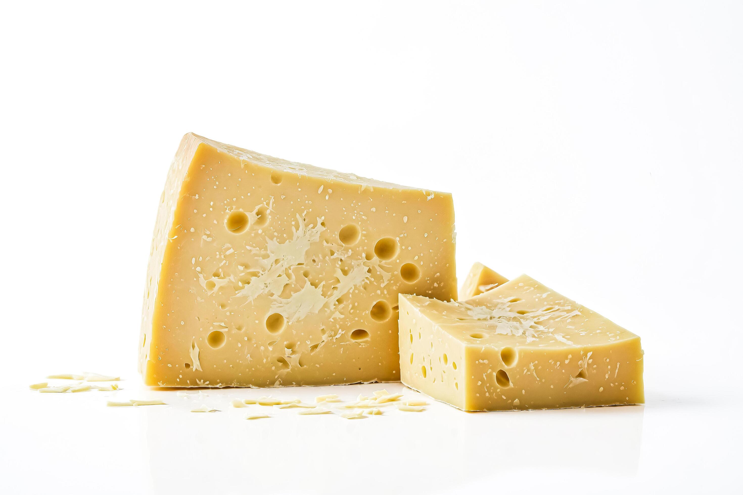 Close-up of a block of Swiss cheese with holes on white background Stock Free