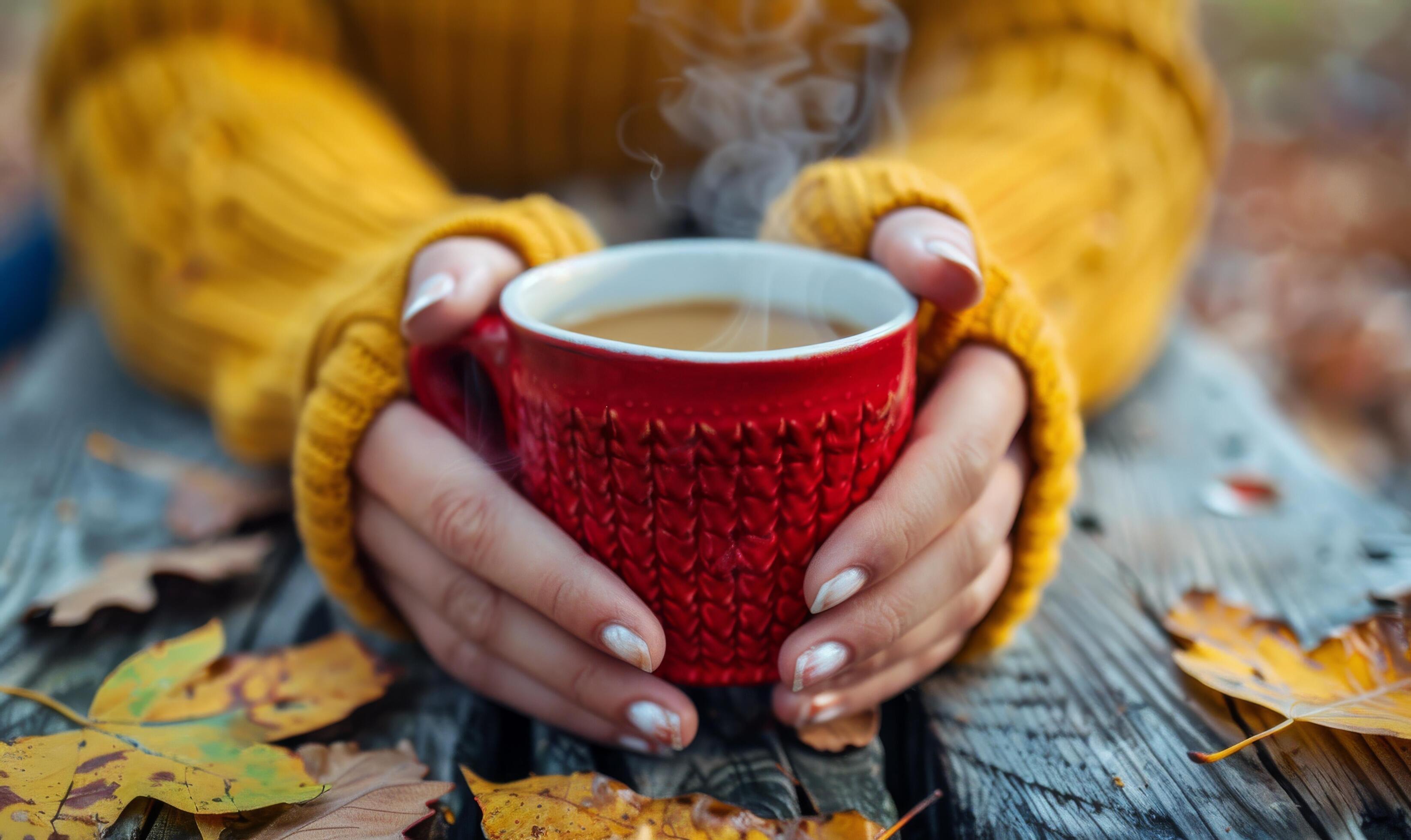 Hands Holding a Red Mug of Steaming Coffee on a Wooden Table With Fall Leaves Stock Free