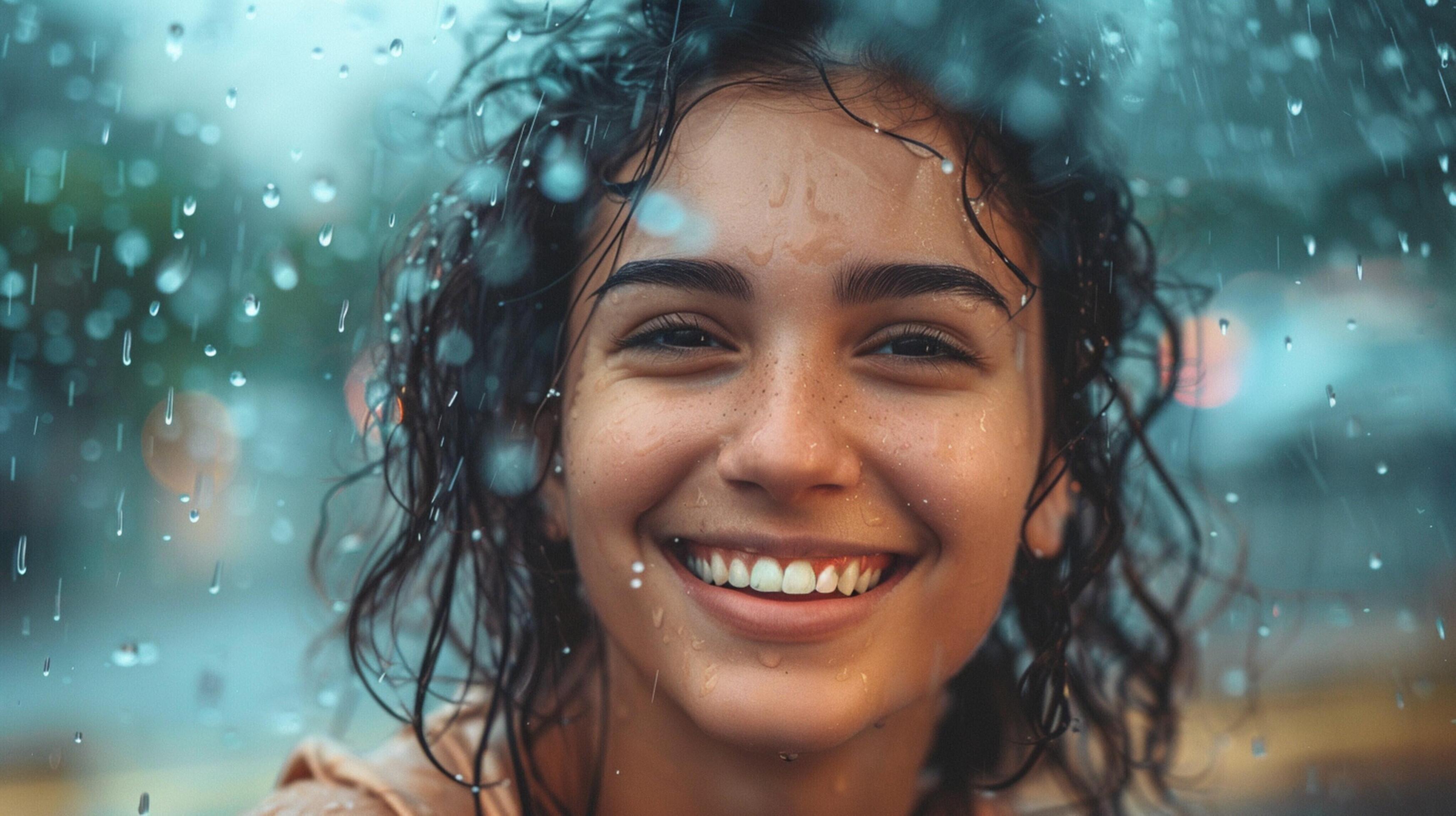 young woman smiling wet hair looking at camera Stock Free