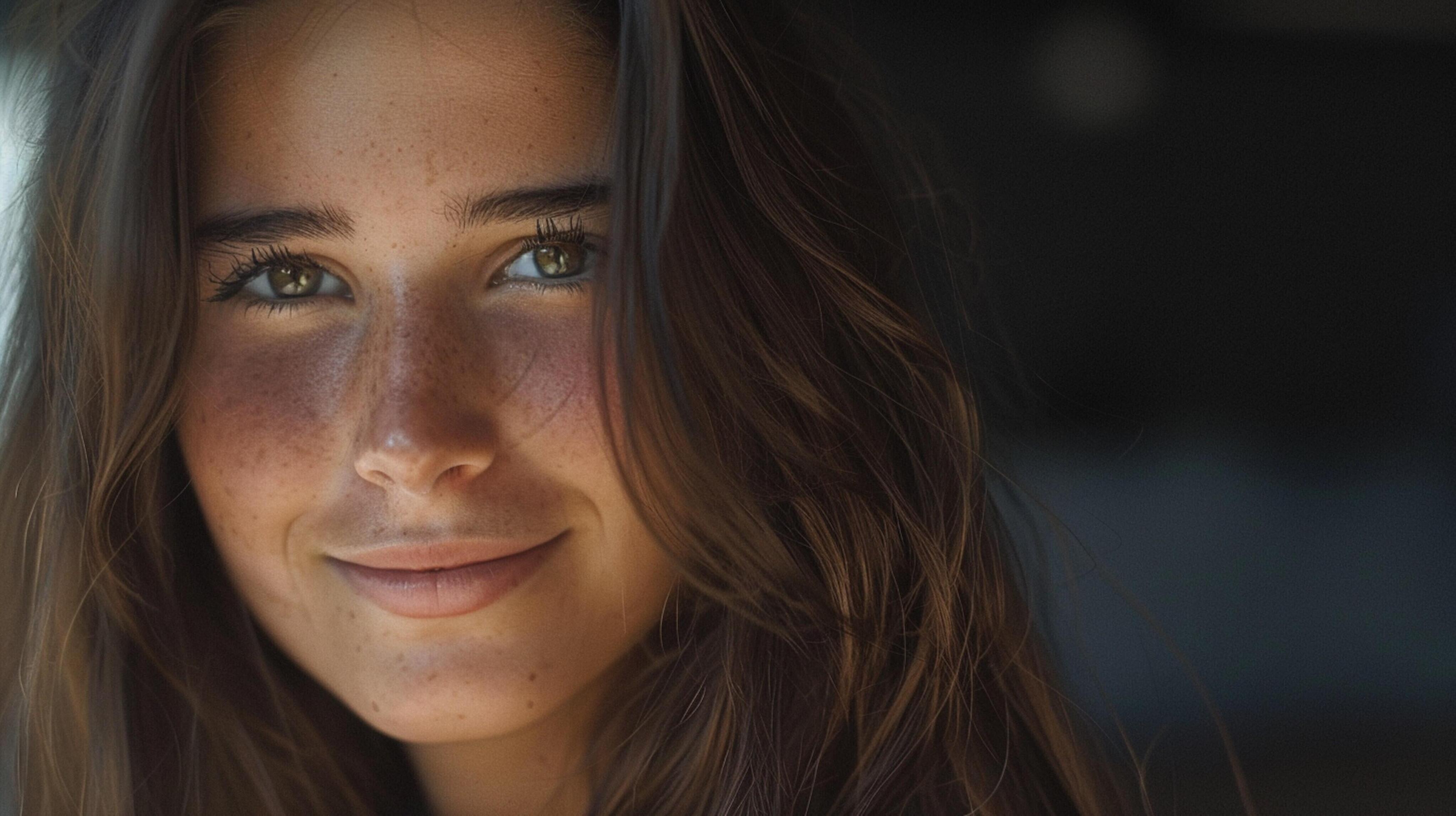 young woman with long brown hair smiling Stock Free