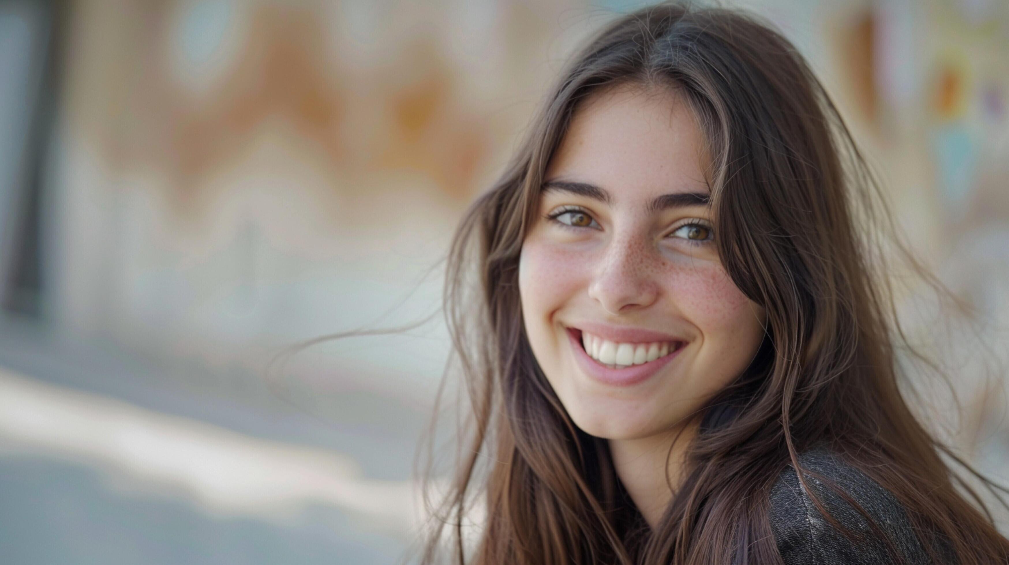 young woman with long brown hair smiling Stock Free