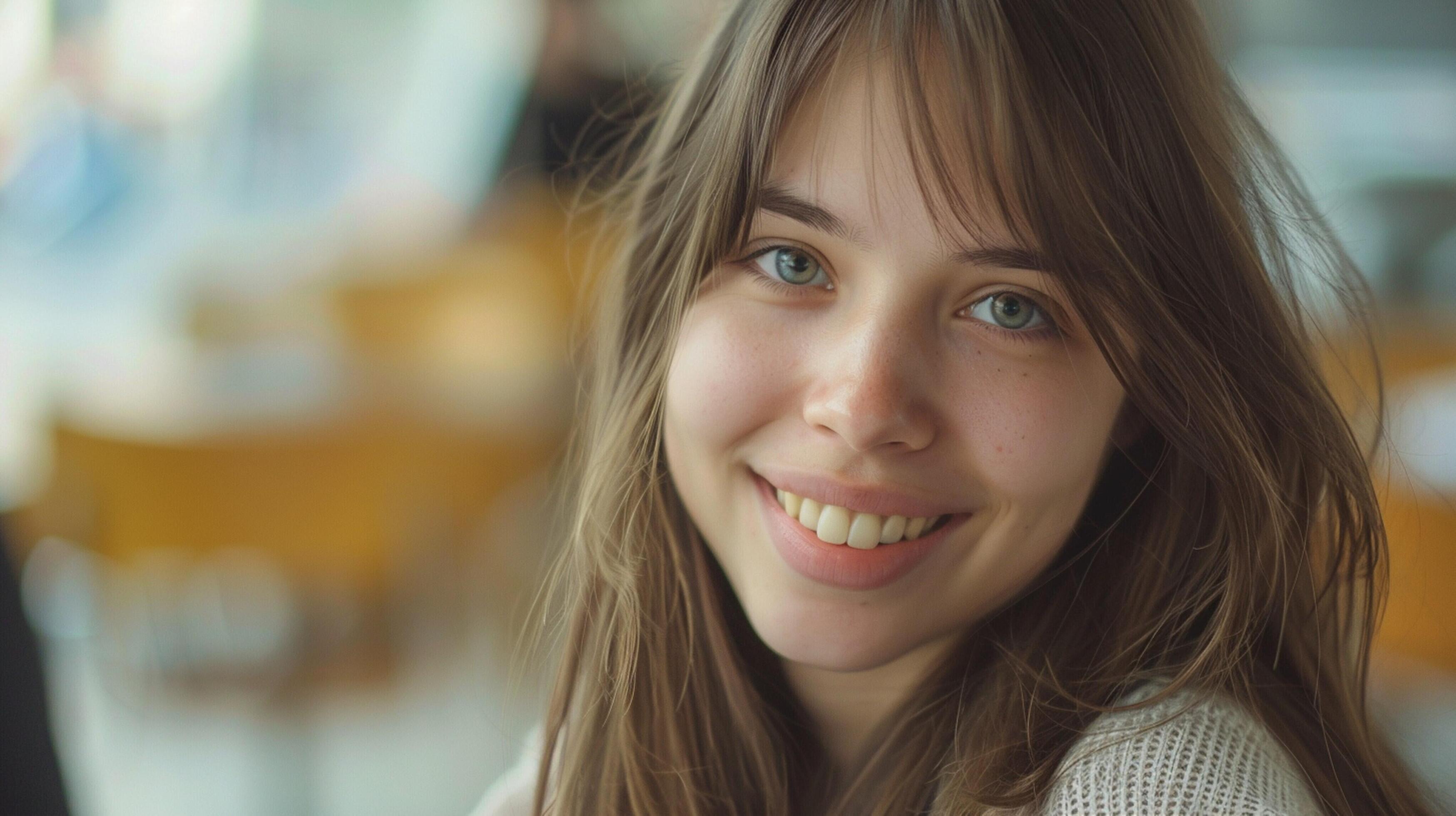 young woman with long brown hair smiling Stock Free