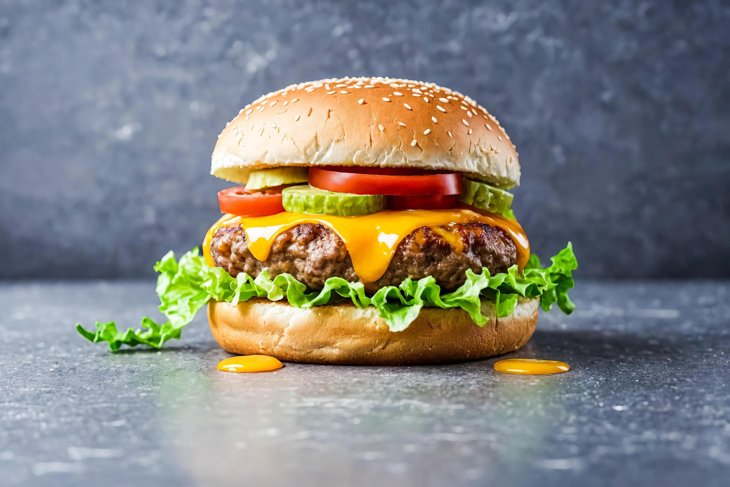 Closeup of a Delicious Cheeseburger with Sesame Seed Bun and Melted Cheese on a Gray Background Stock Free