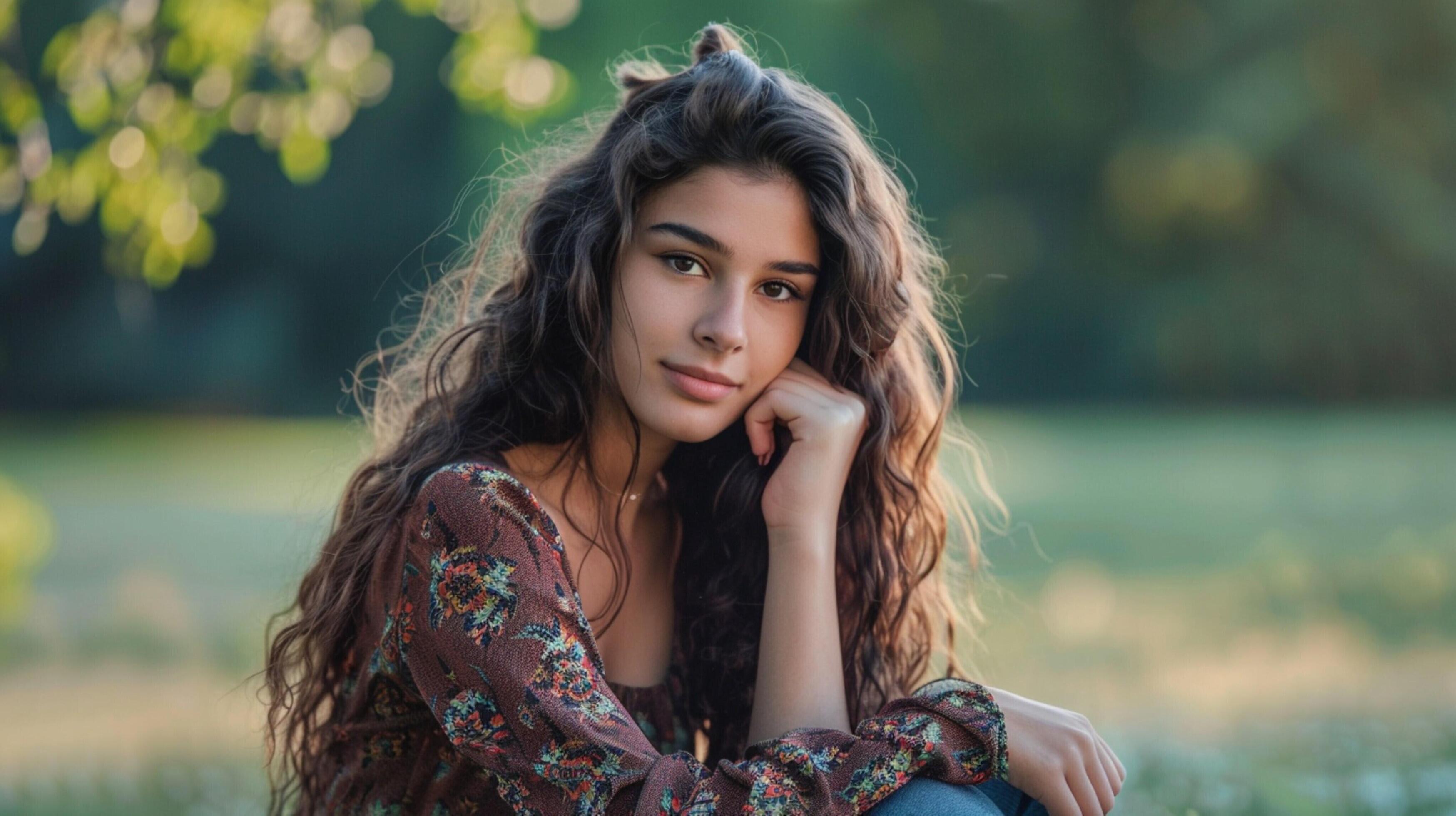 young woman sitting outdoors looking at camera Stock Free