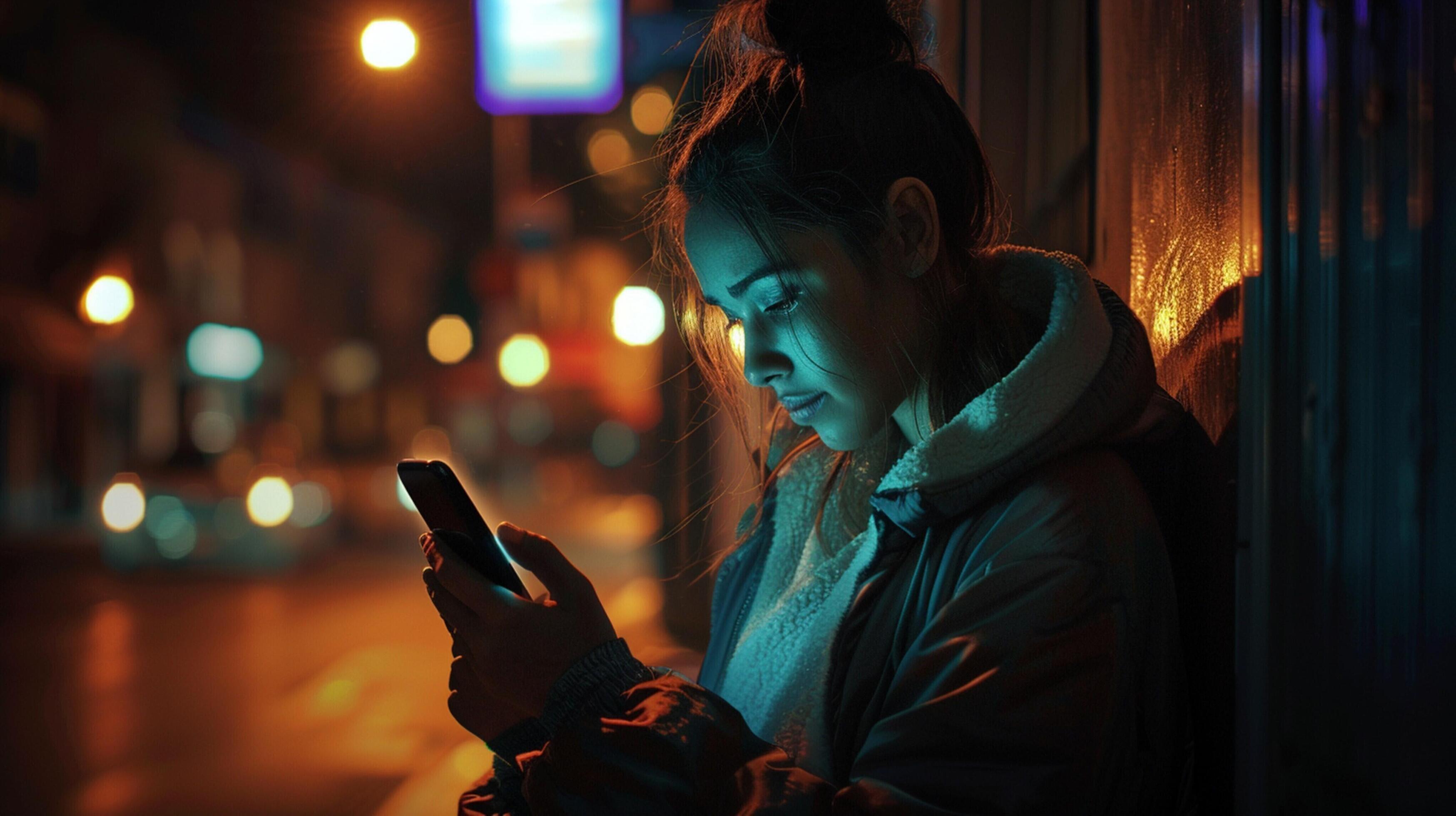 young woman illuminated night texting on phone Stock Free