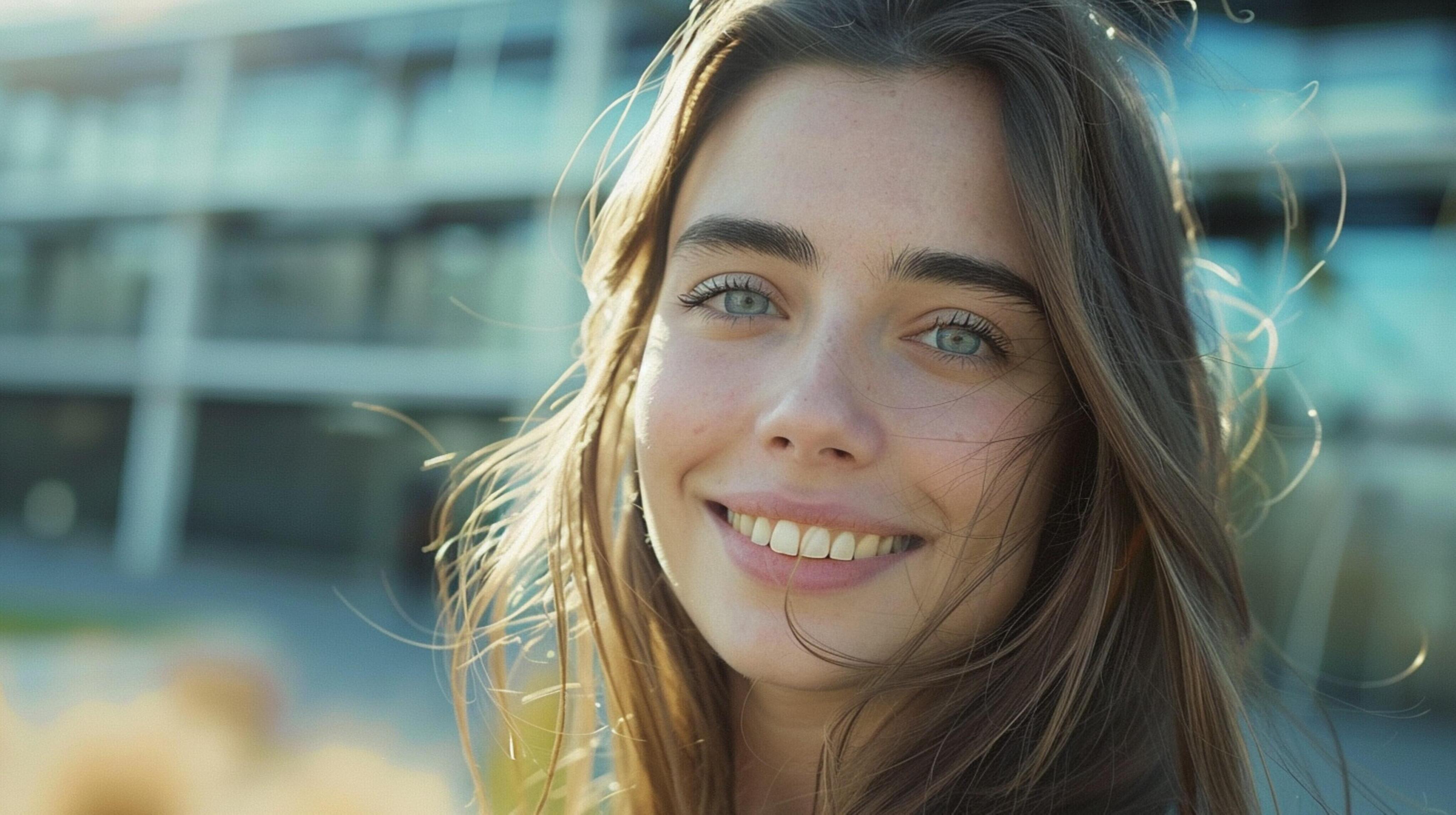 young woman with long brown hair smiling Stock Free