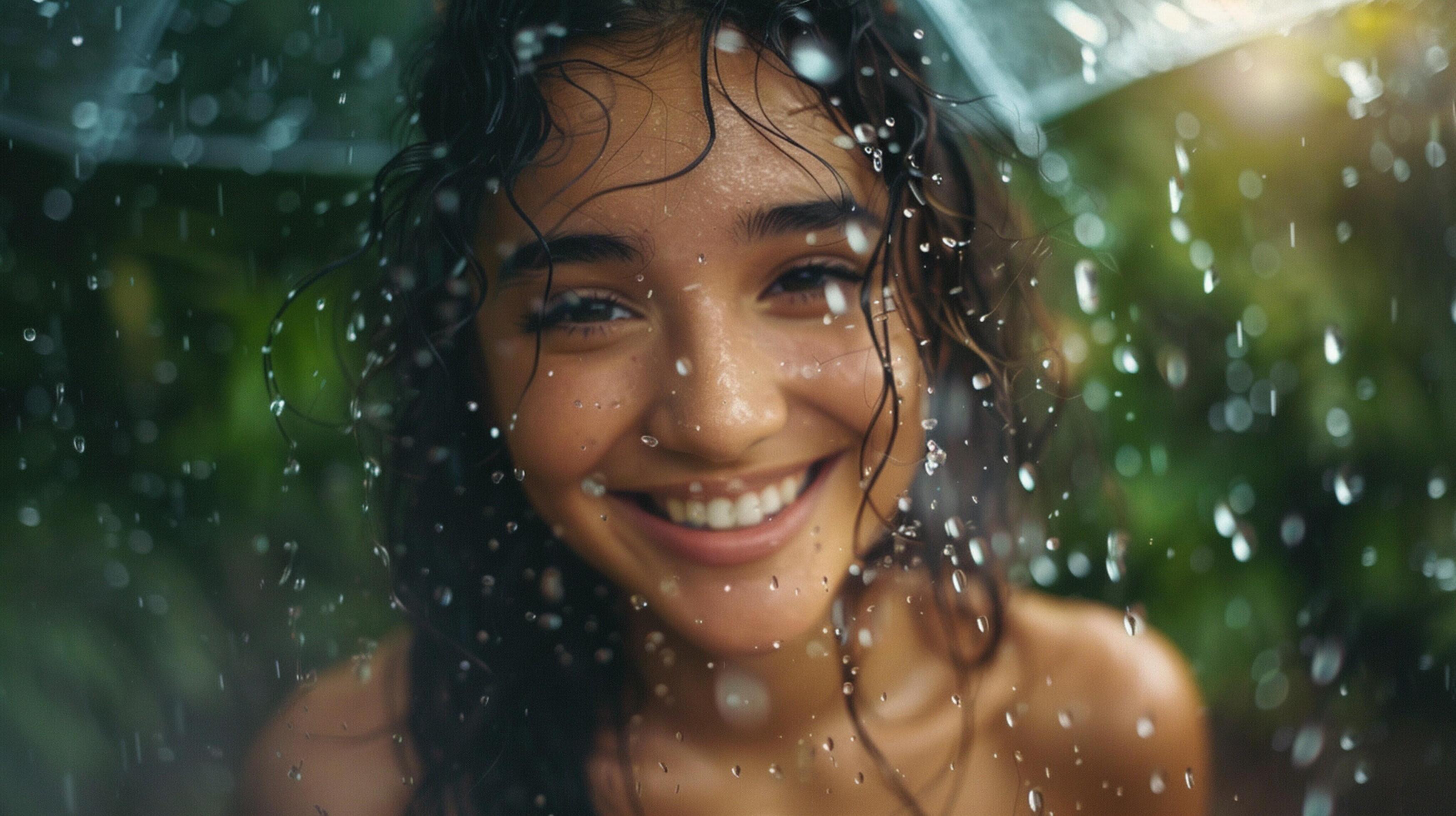 young woman smiling wet hair looking at camera Stock Free