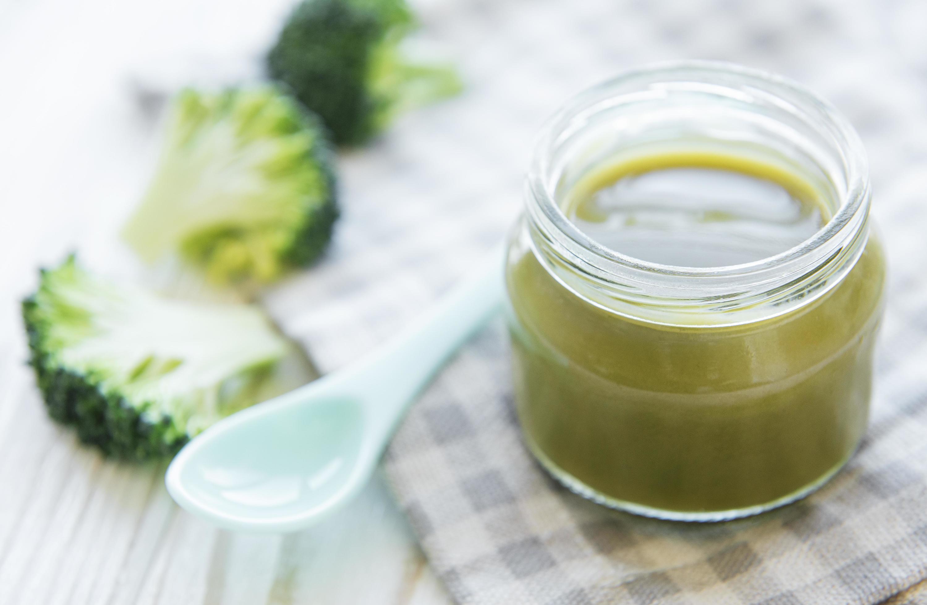 Baby food. Organic green broccoli puree with ingredients. Stock Free