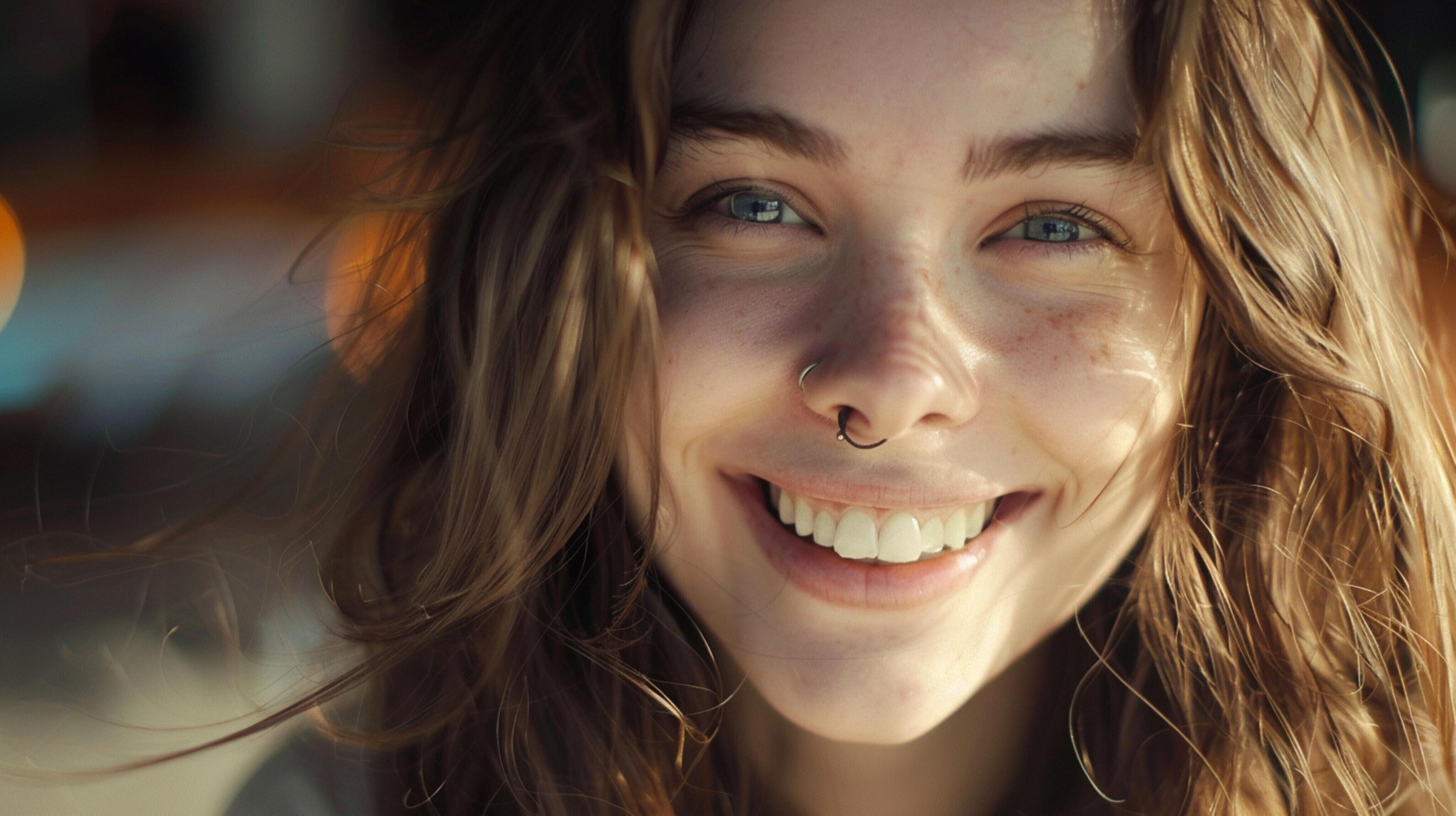 young woman with long brown hair smiling Stock Free