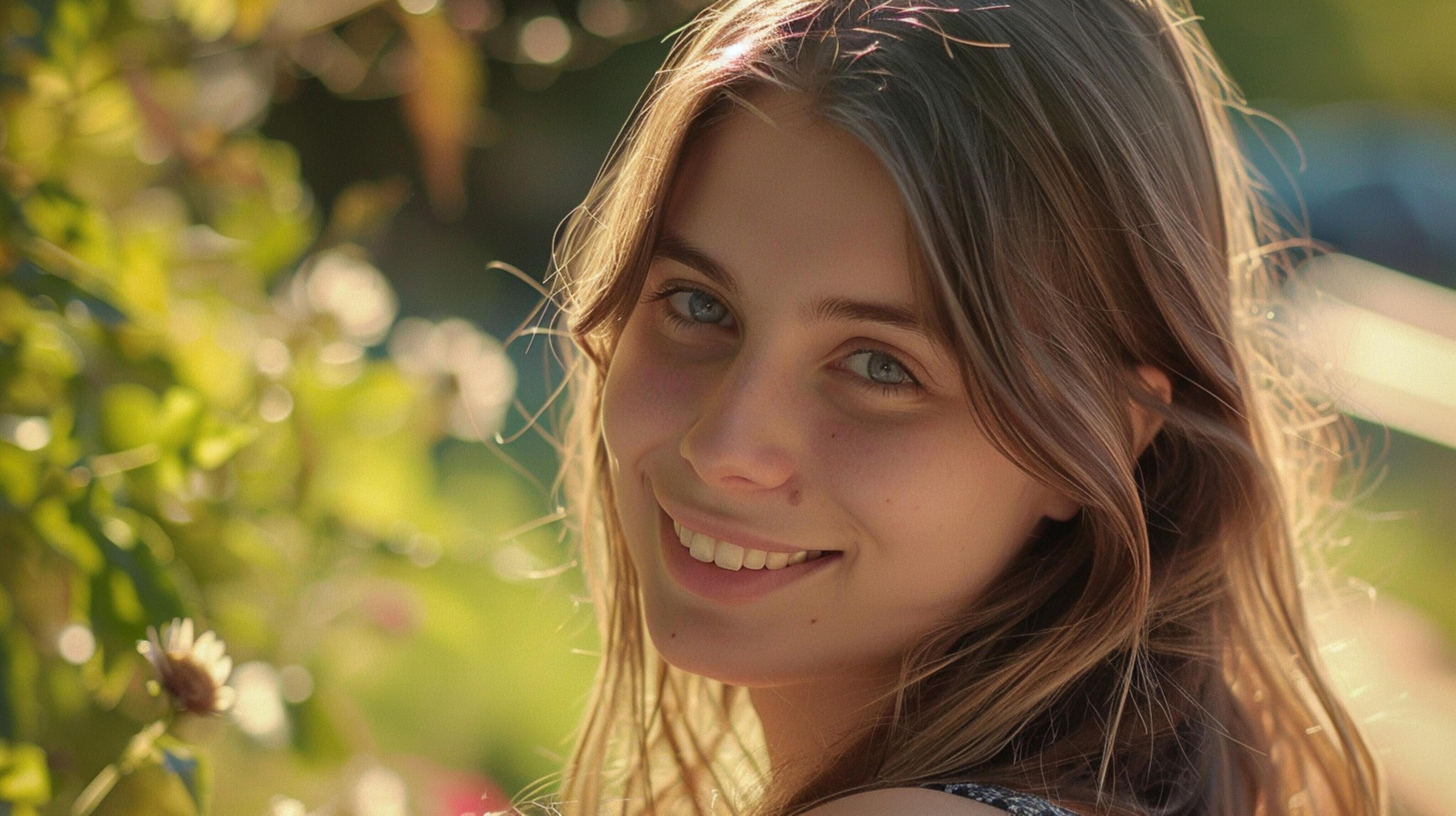 young woman with long brown hair smiling Stock Free