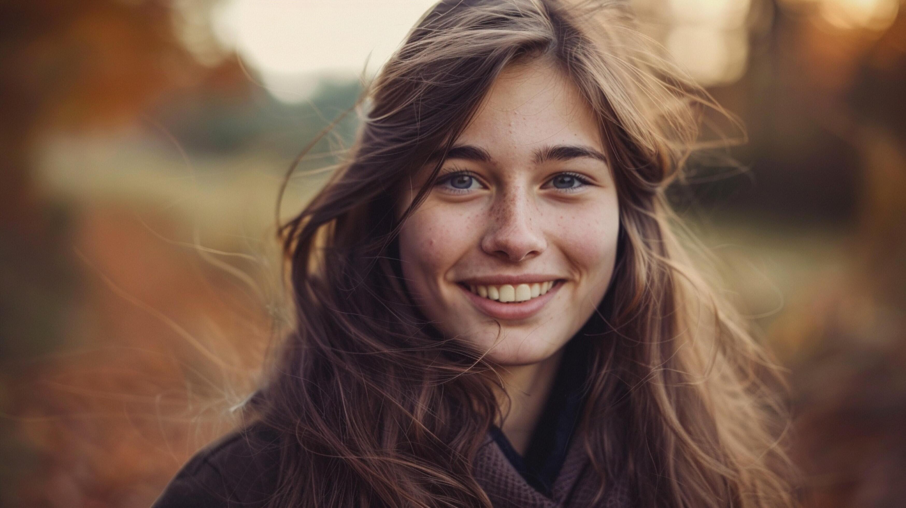 young woman with long brown hair smiling Stock Free