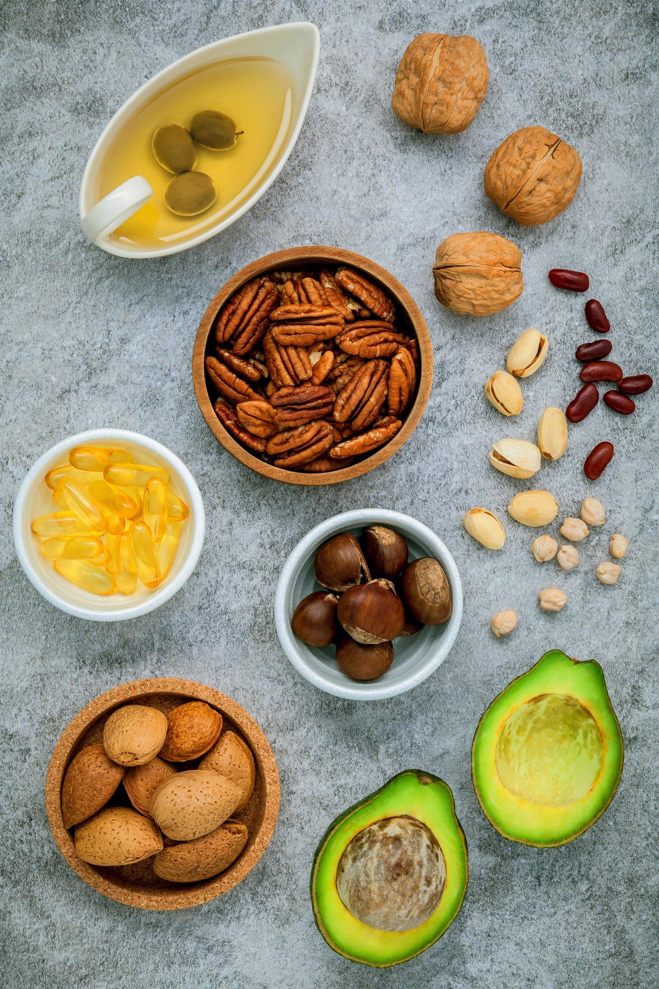 Top view of healthy foods on a gray background Stock Free