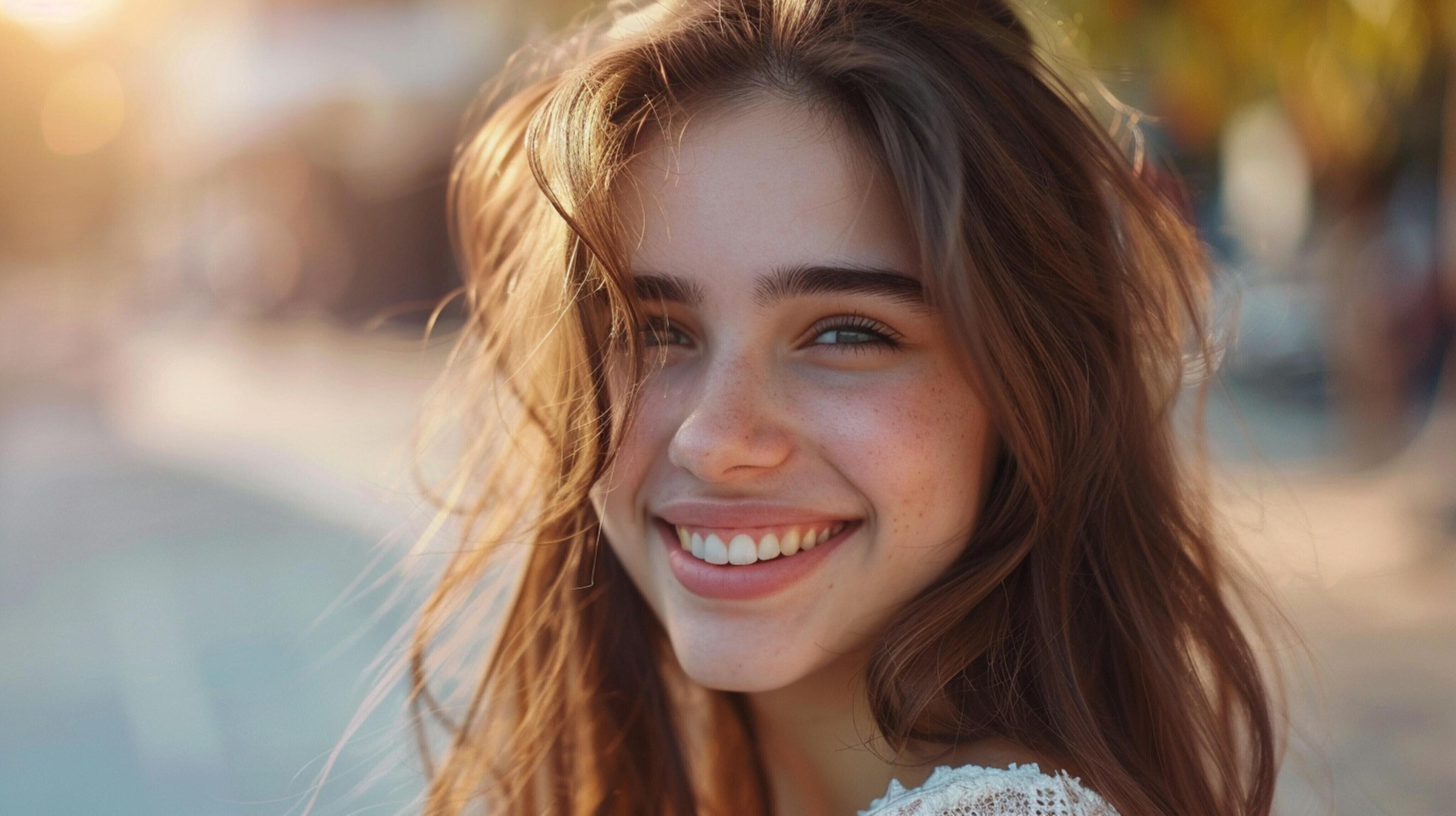 young woman with long brown hair smiling Stock Free