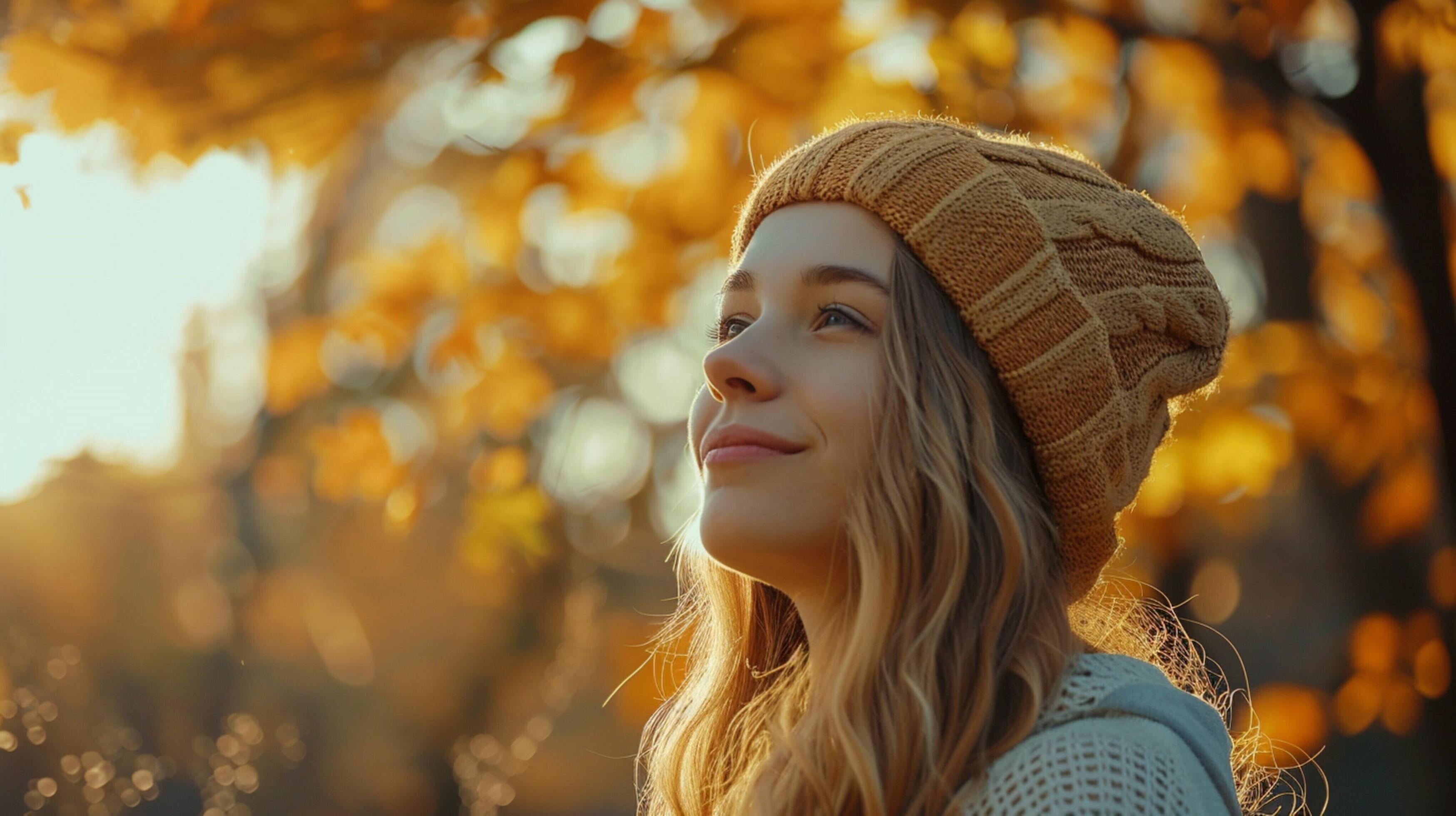 young woman with long blond hair enjoying autumn Stock Free