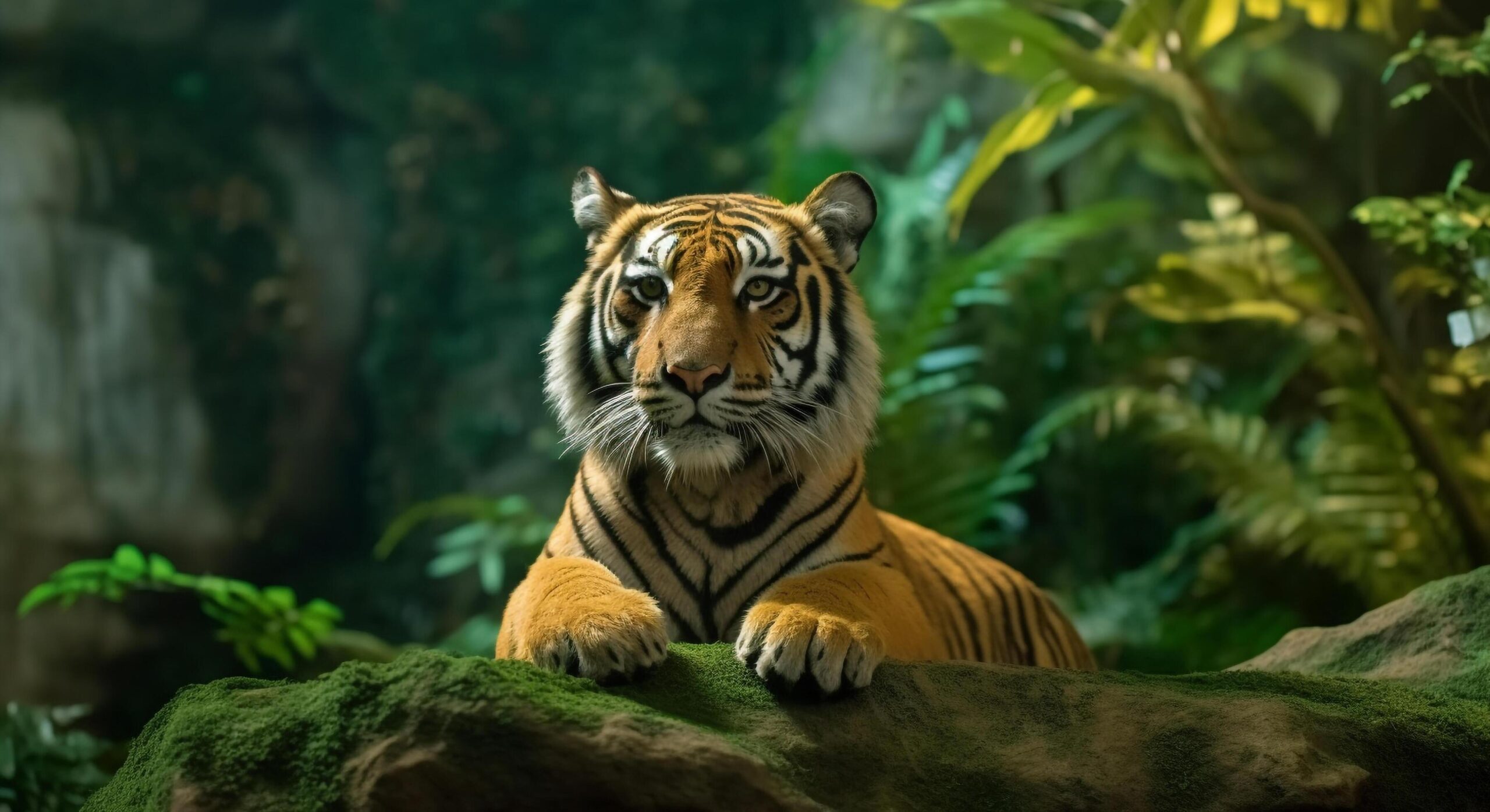 Majestic Bengal tiger hides in tropical rainforest, staring with aggression generated by AI Free Photo