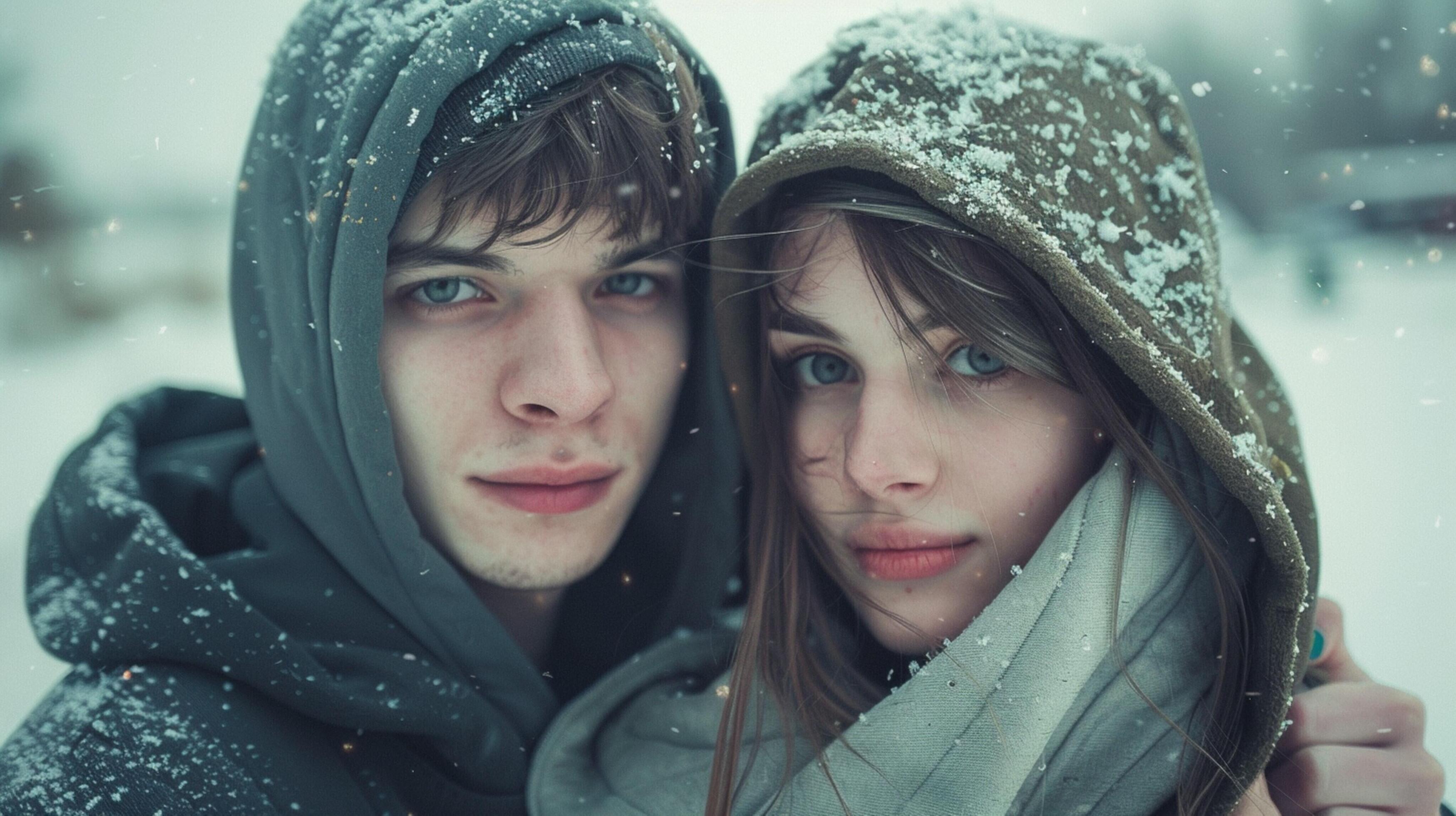 young couple in hooded shirts looking at camera Stock Free