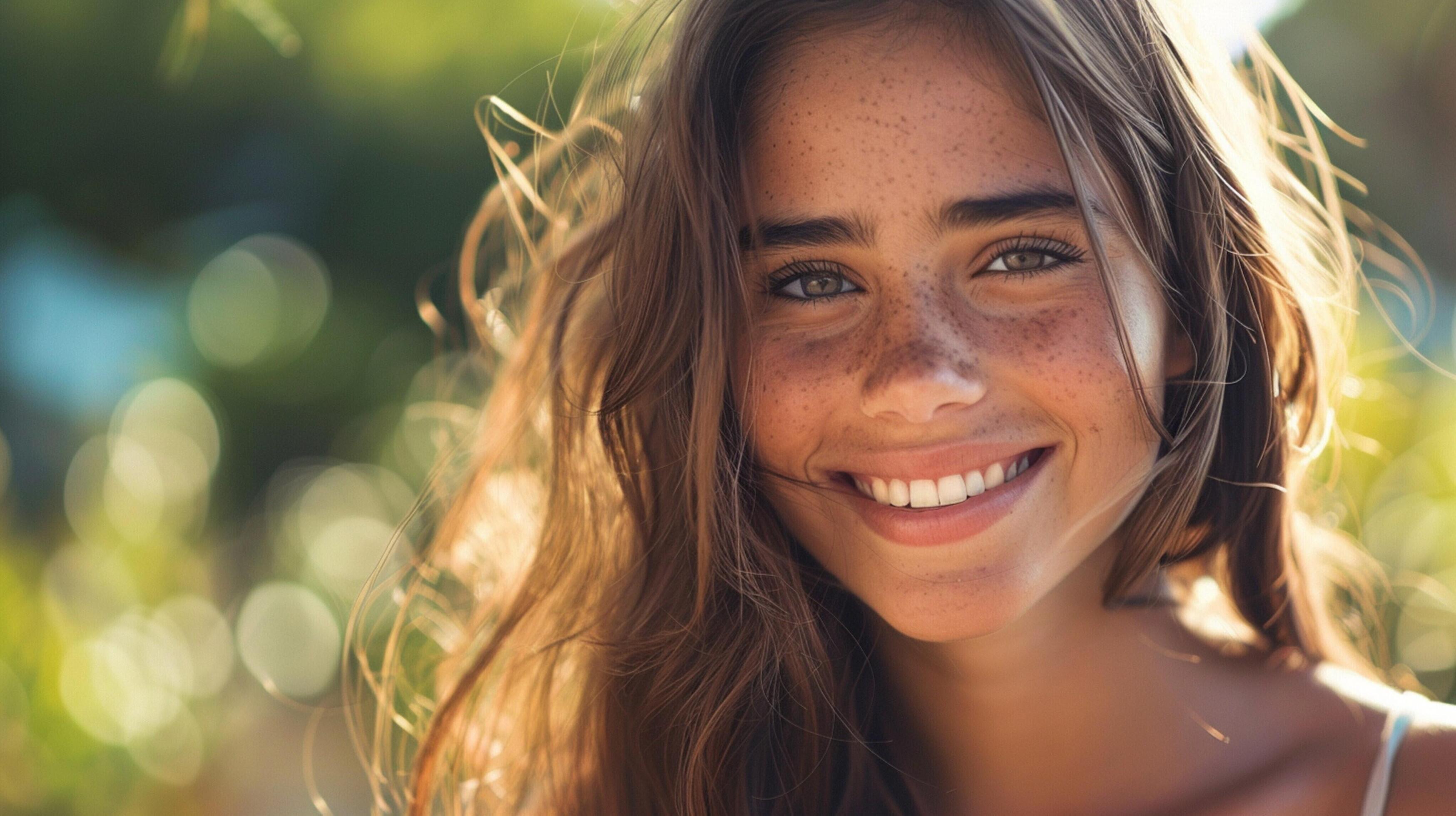 young woman with long brown hair smiling Stock Free