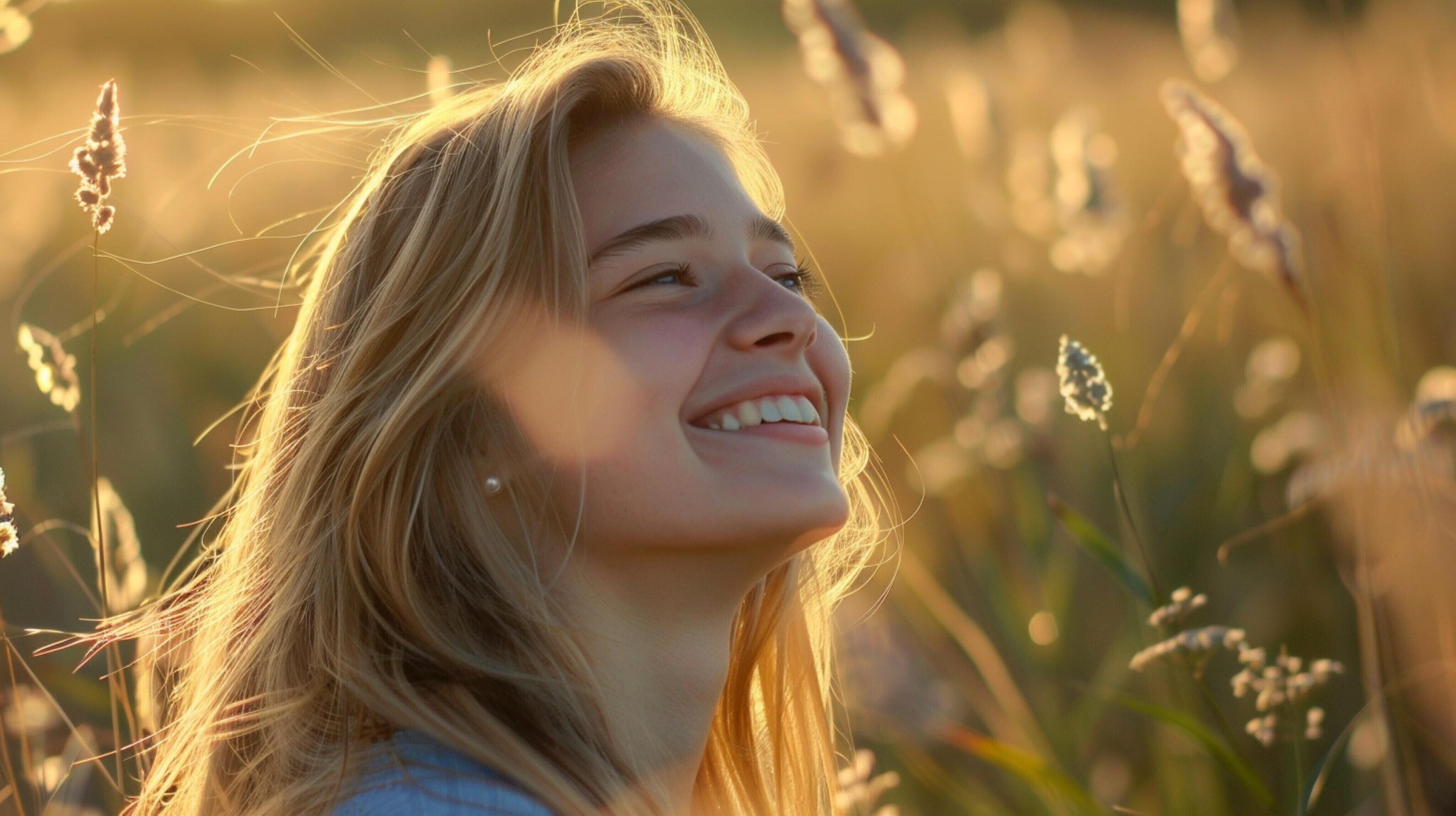 young woman with long blond hair smiling enjoying Stock Free