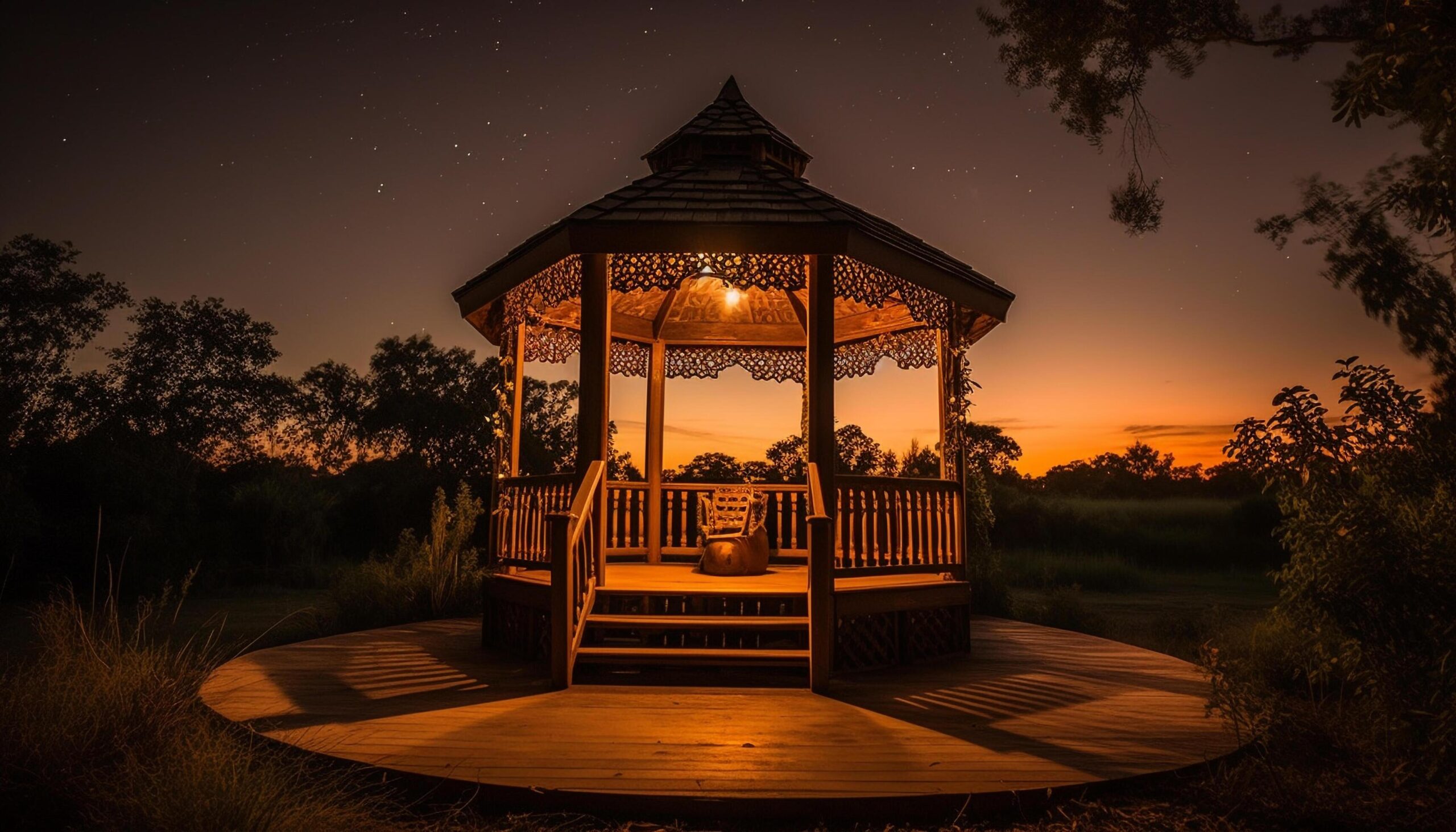 Night falls on a wooden hut, surrounded by nature tranquil scene generated by AI Free Photo