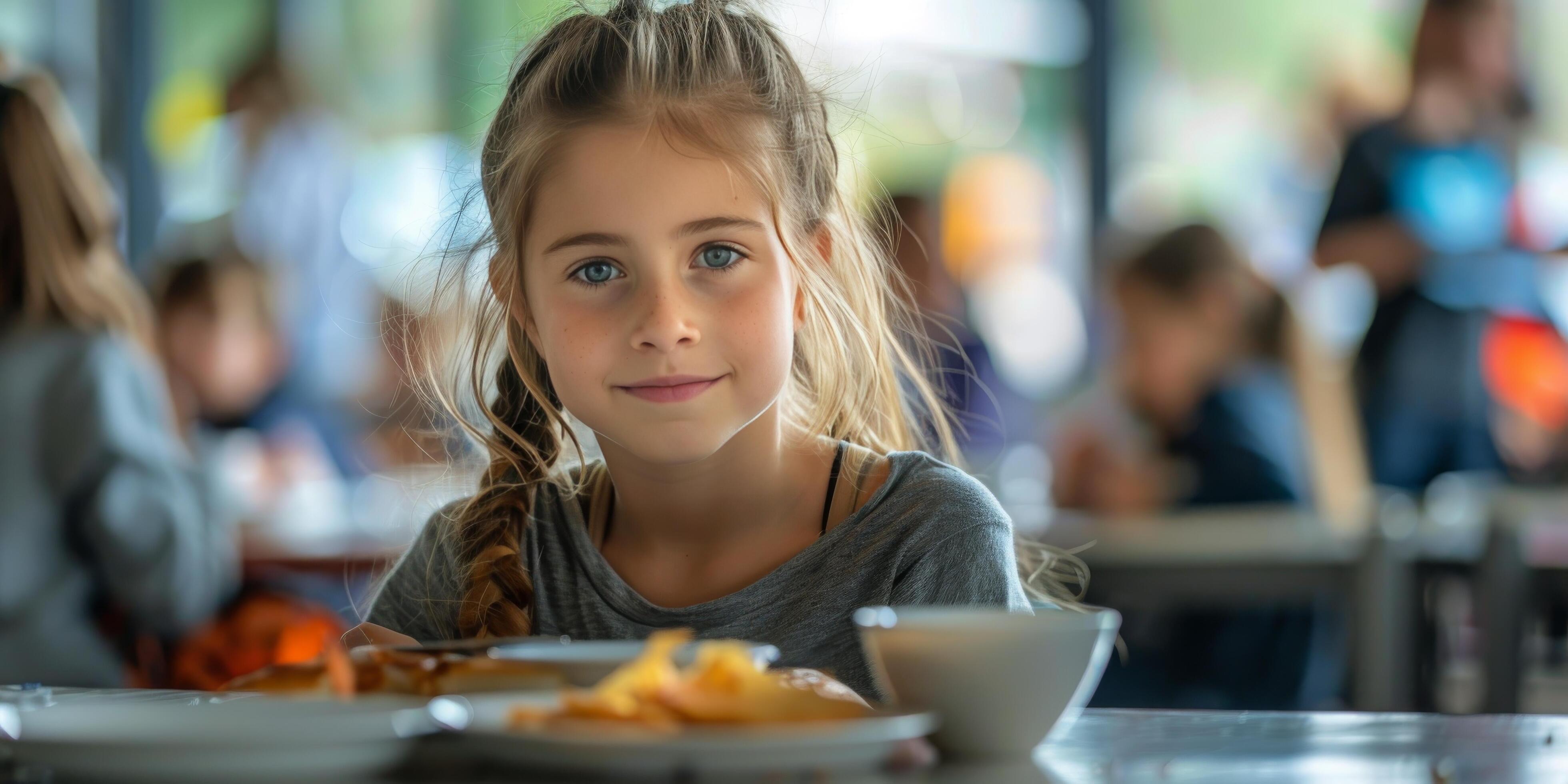 Young Girl Sitting at Table With Plate of Food Stock Free