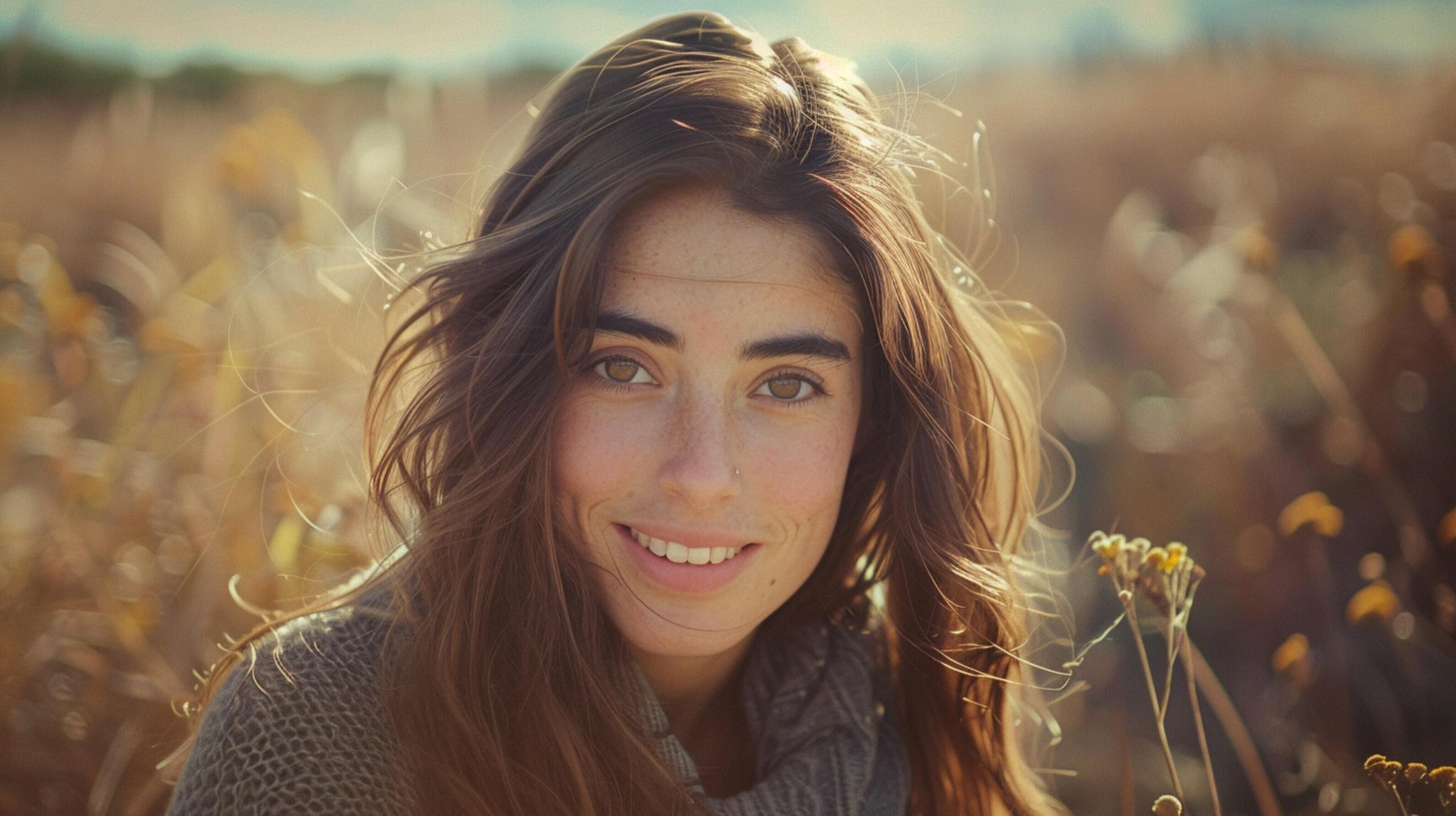 young woman with long brown hair smiling Stock Free