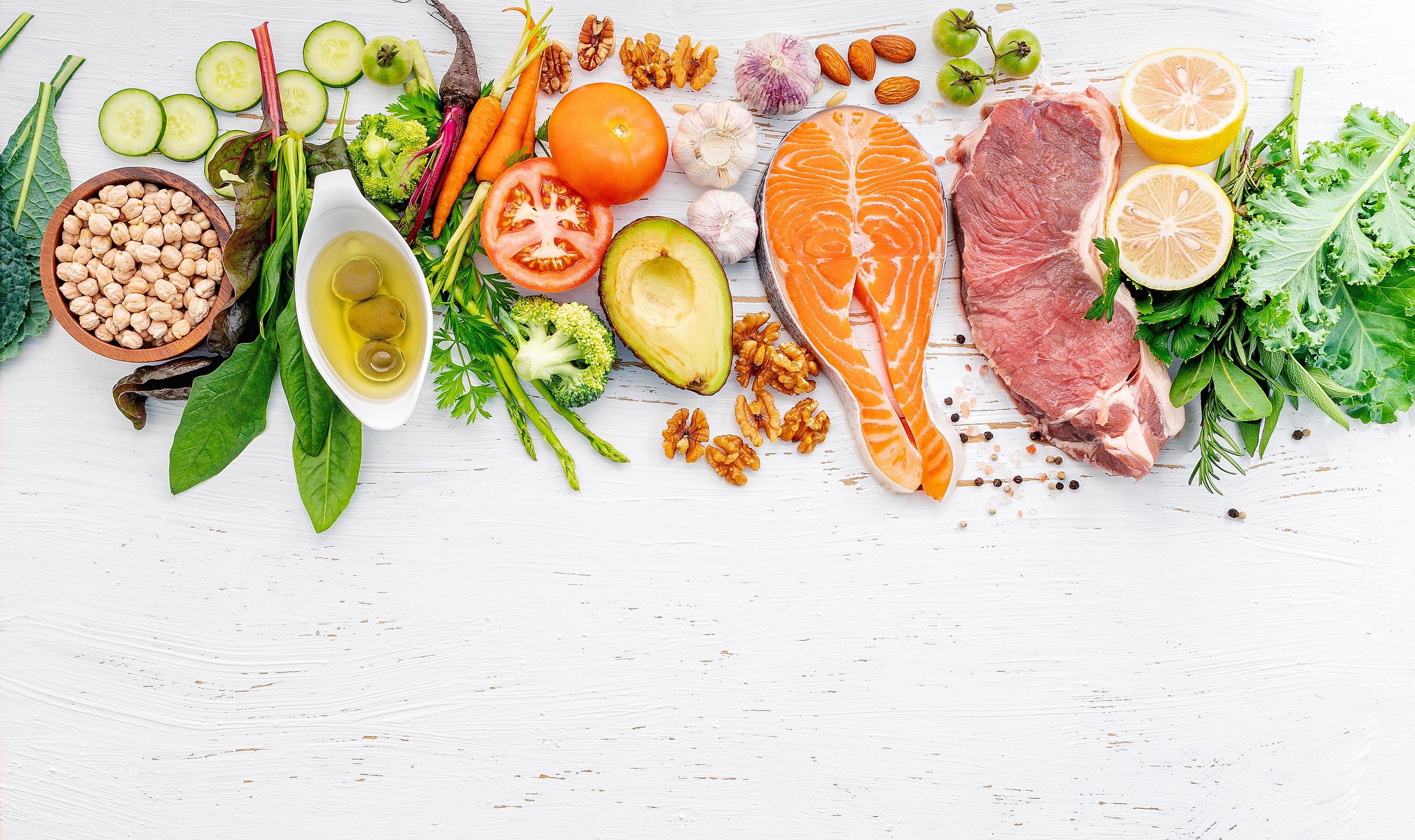 Ingredients for healthy foods selection on white wooden background Stock Free