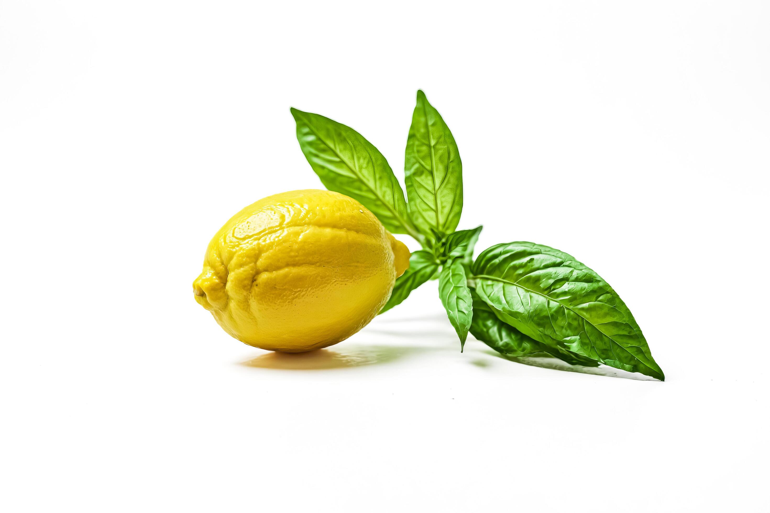 Closeup of a single lemon with green leaves on a white background Stock Free