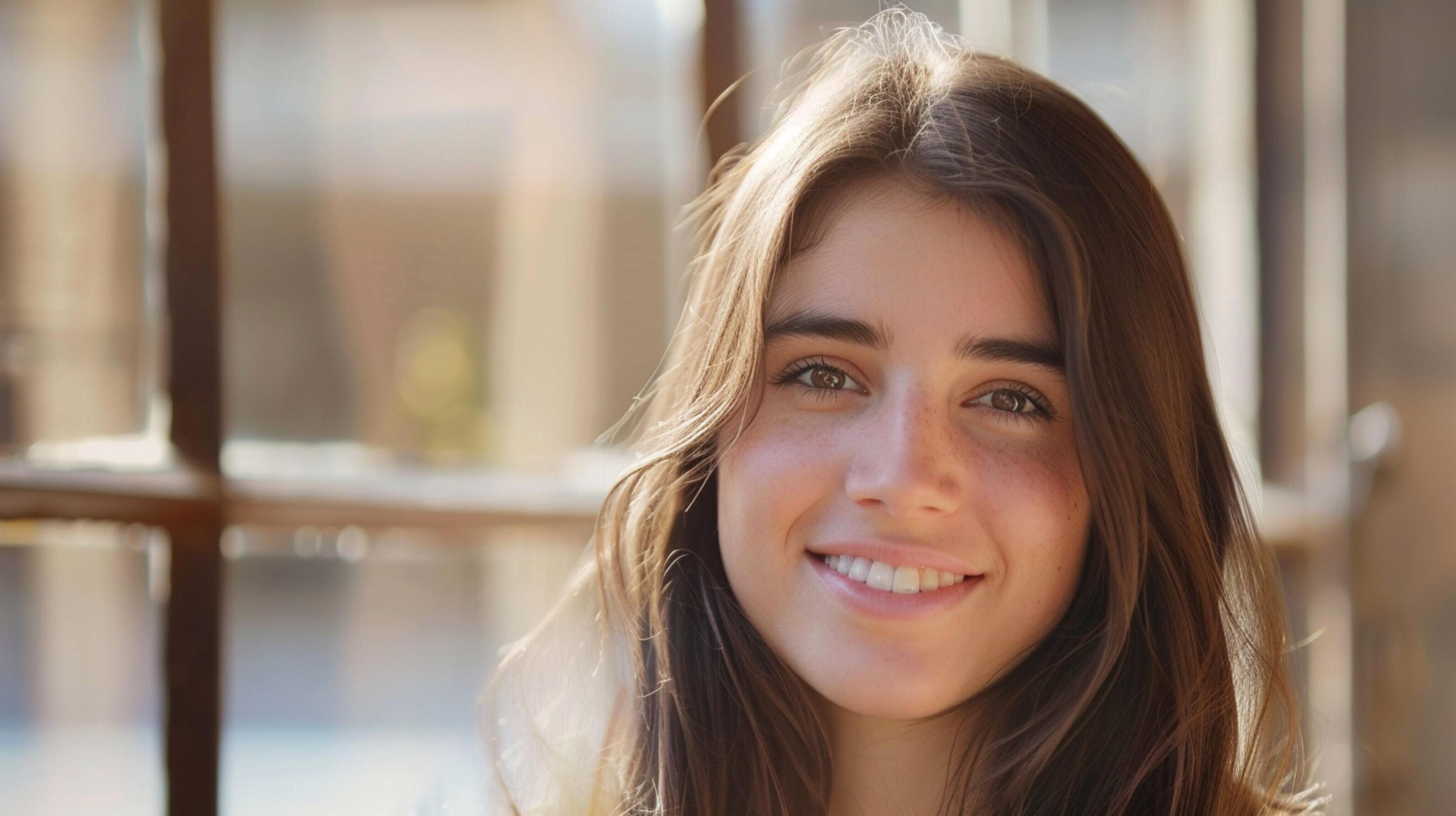 young woman with long brown hair smiling Stock Free