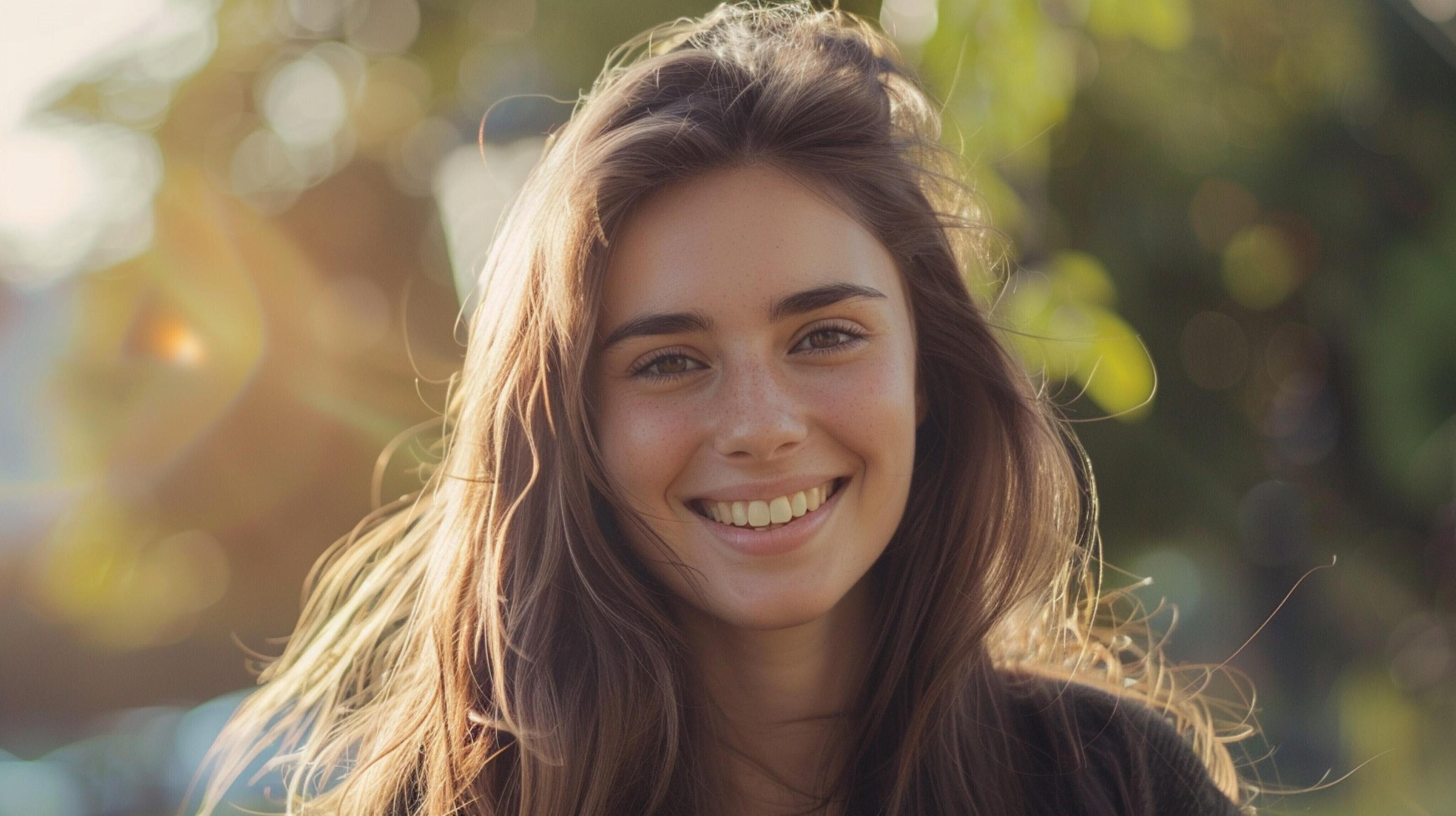 young woman with long brown hair smiling Stock Free