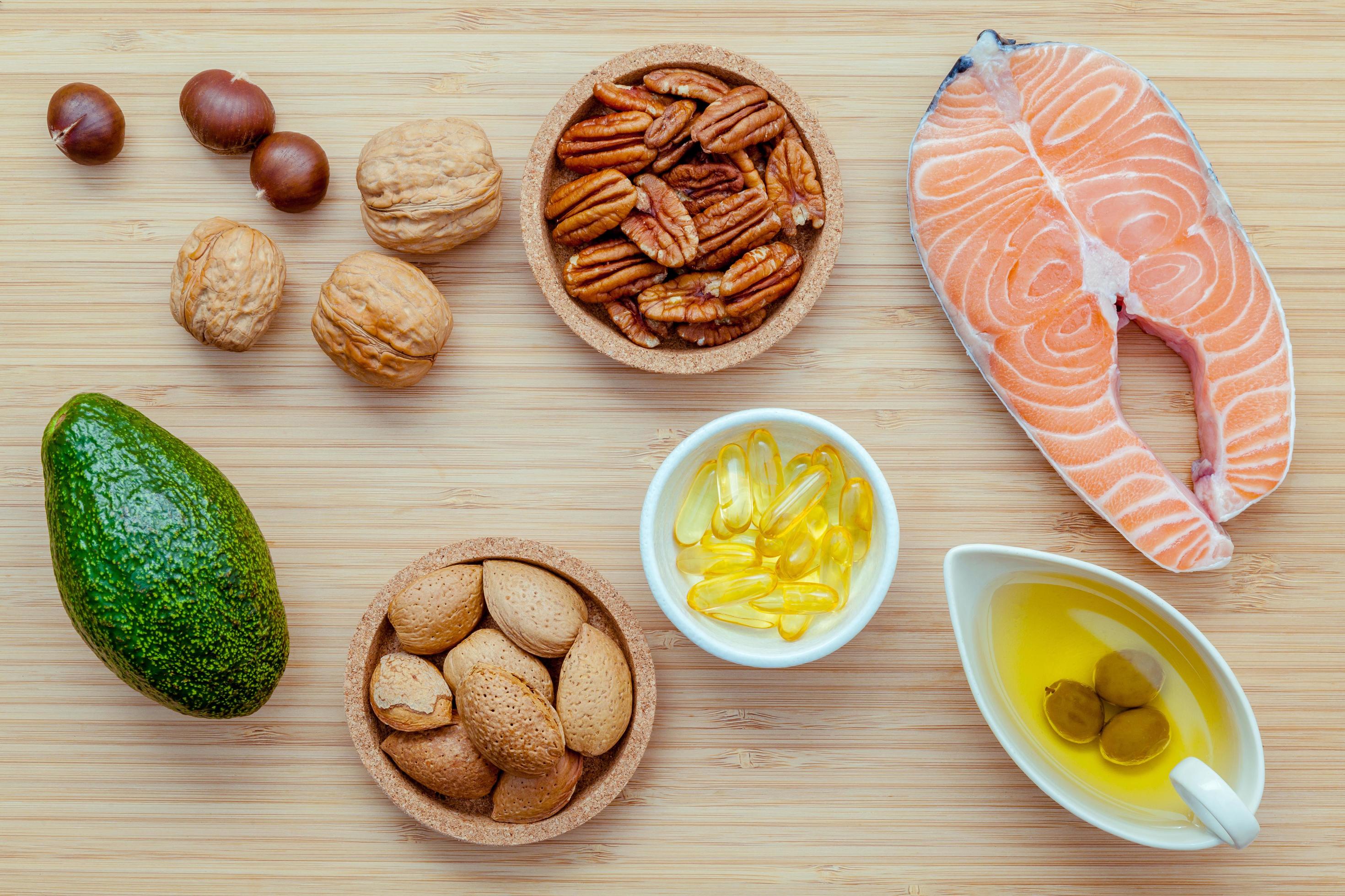 Selection of food sources containing omega 3 and unsaturated fats Stock Free