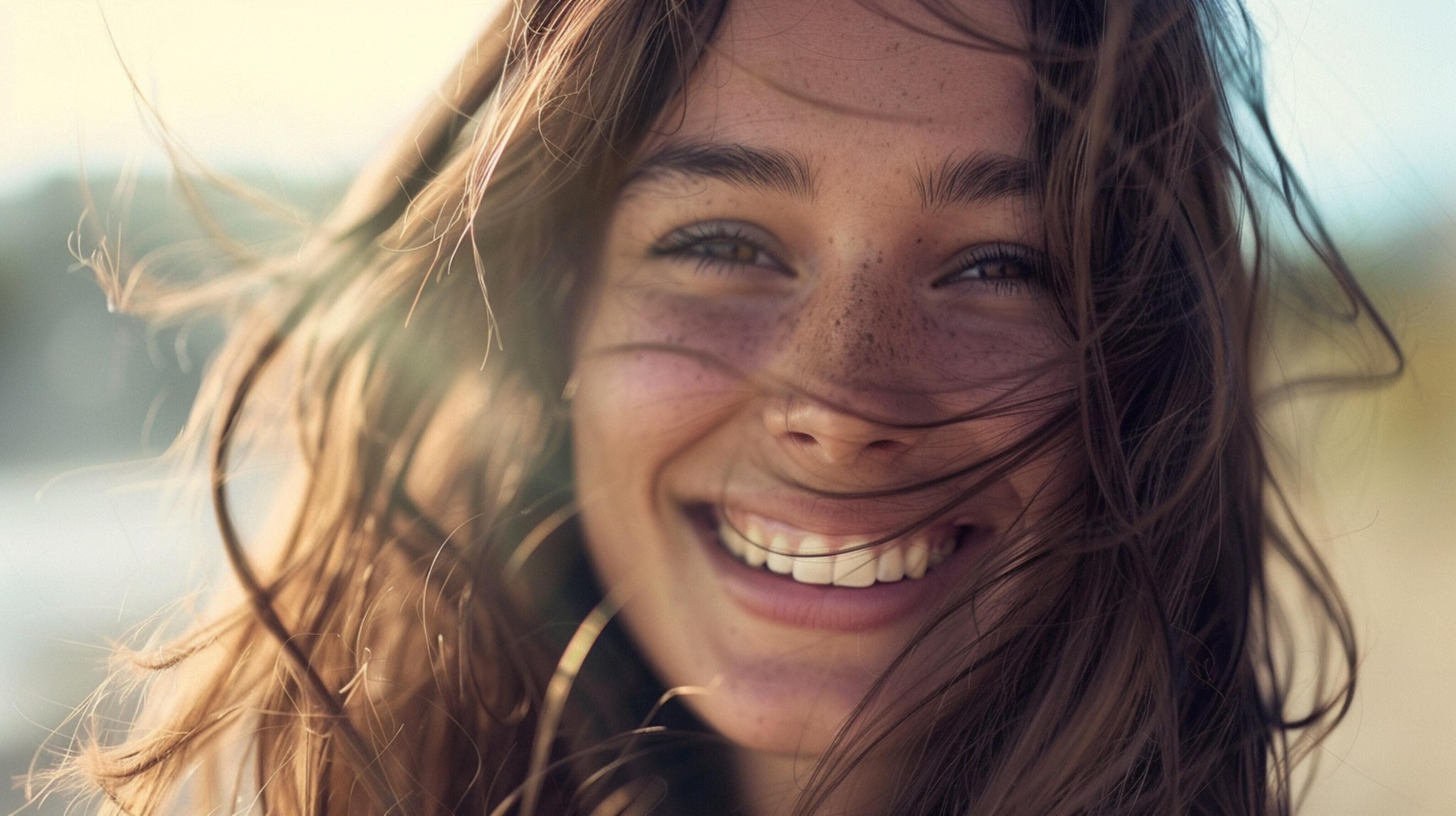 young woman with long brown hair smiling Stock Free