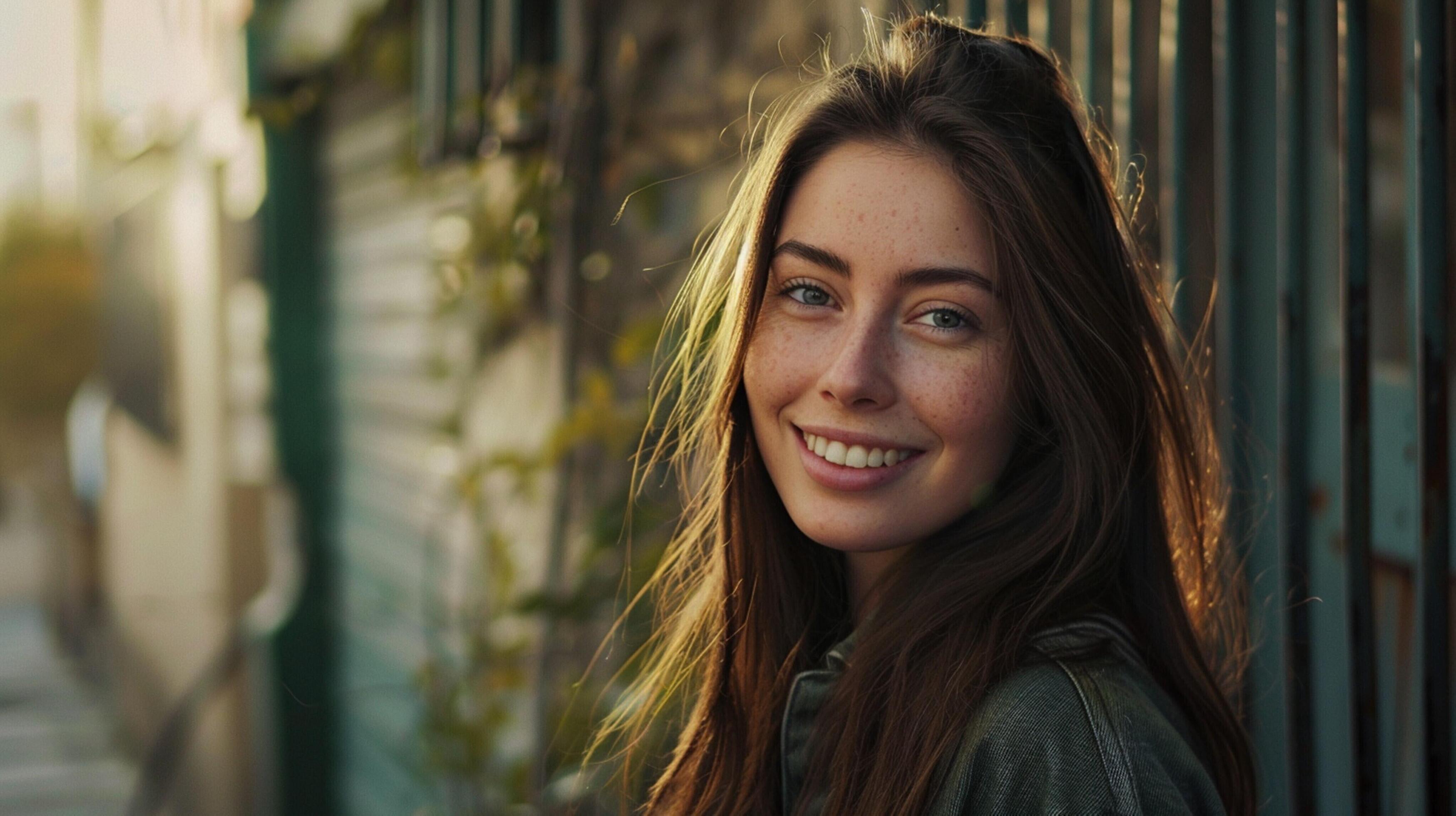 young woman with long brown hair smiling Stock Free