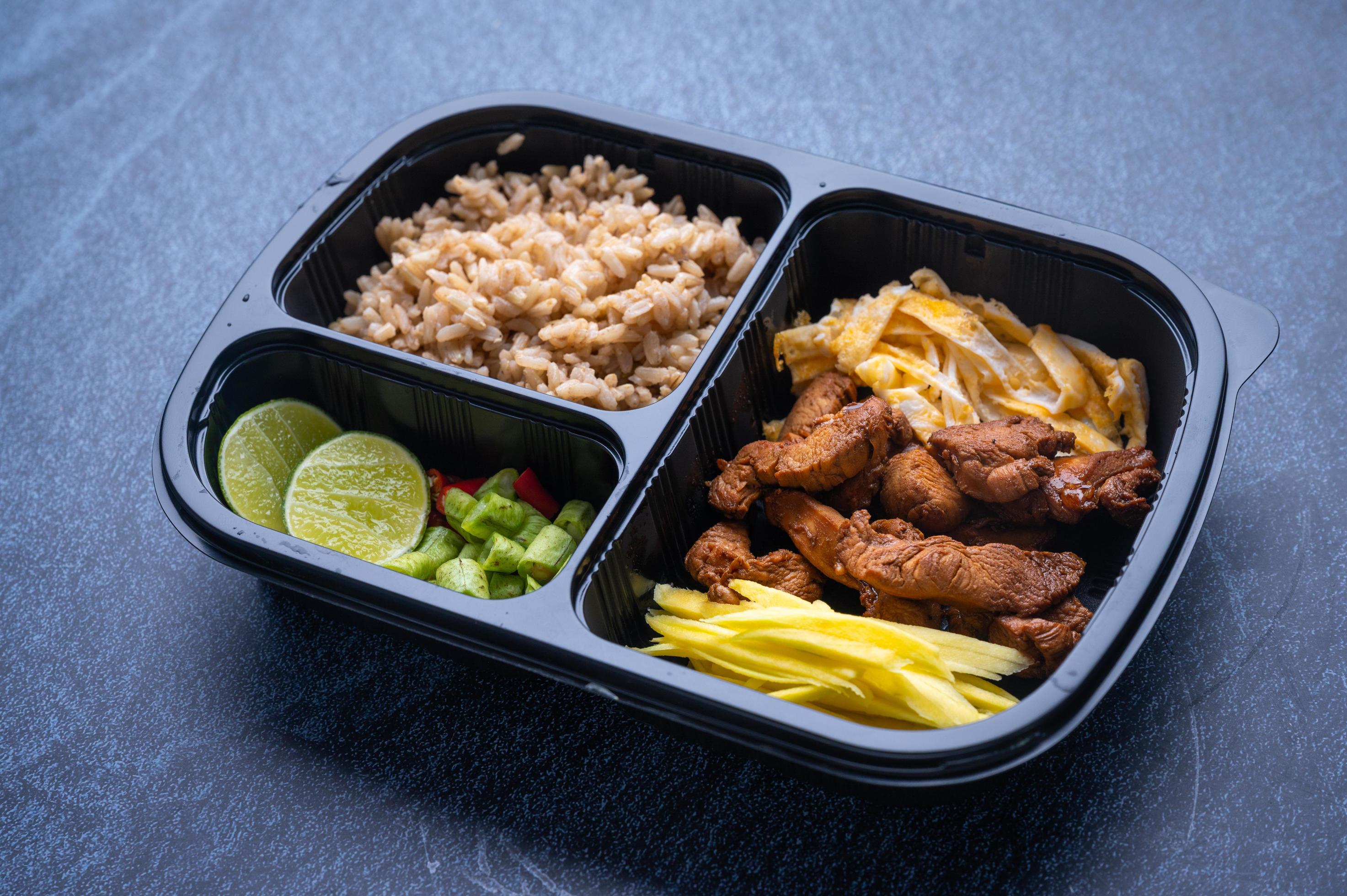 Sectioned plastic food container with meat, noodles, and rice Stock Free