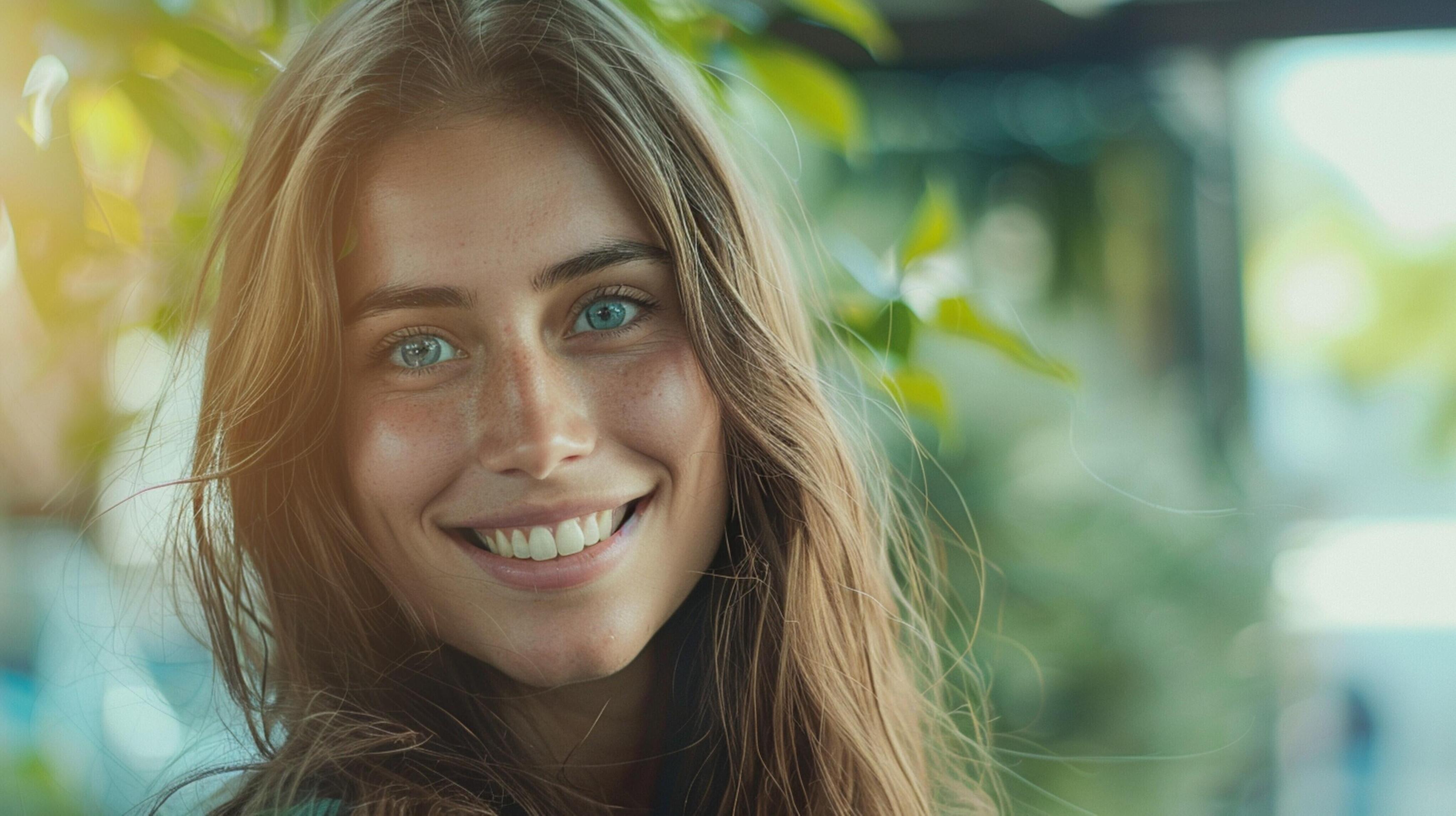 young woman with long brown hair smiling Stock Free