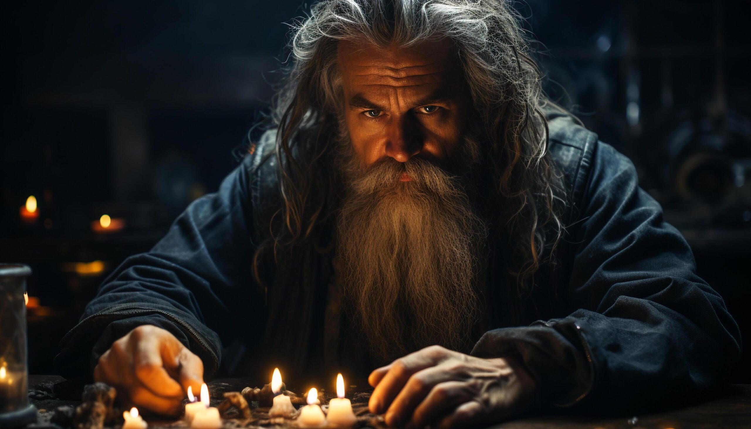 A mature man with long hair holds a burning candle generated by AI Free Photo