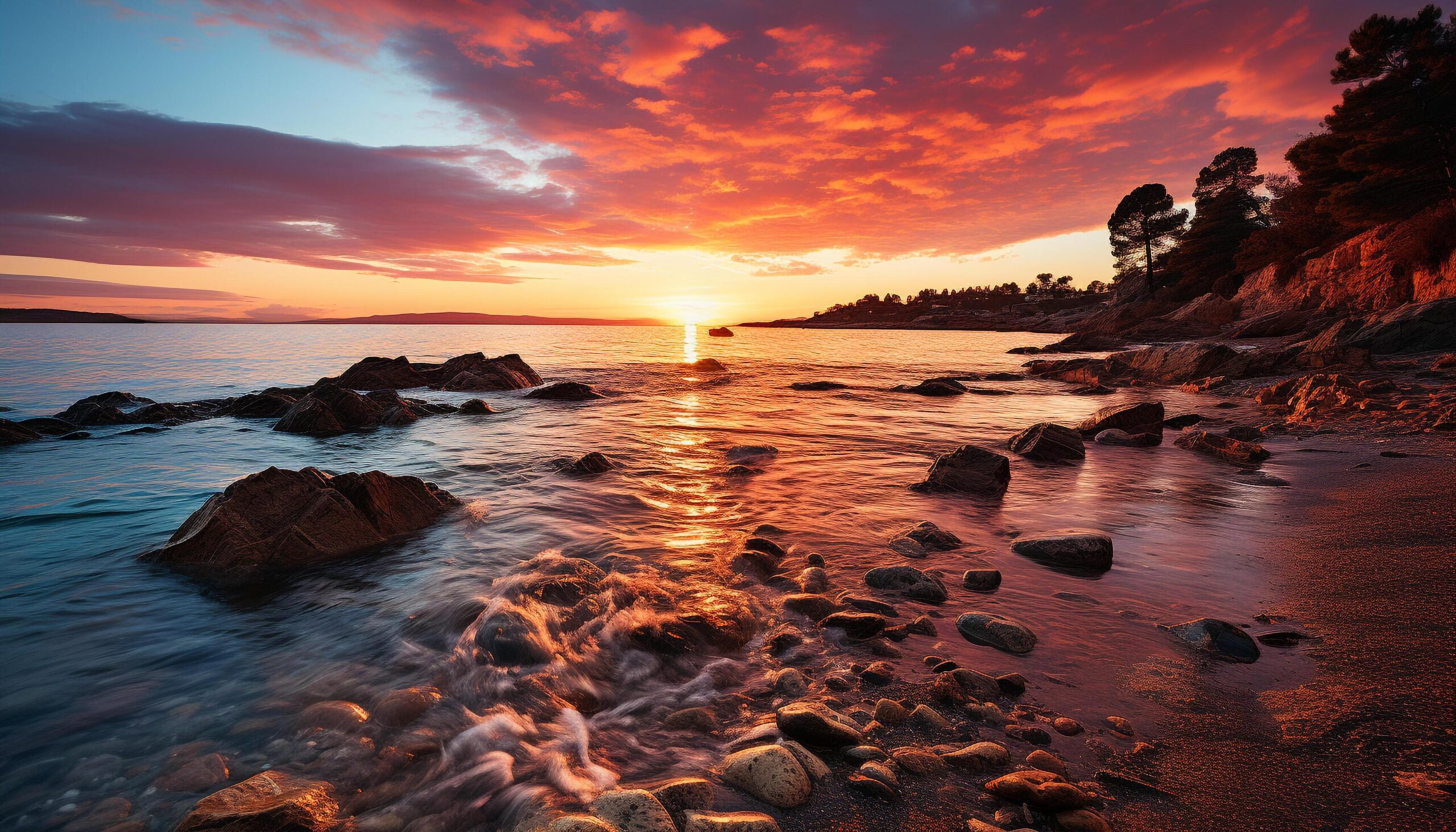 Sunset over tranquil water, nature beauty reflected in twilight sky generated by AI Free Photo