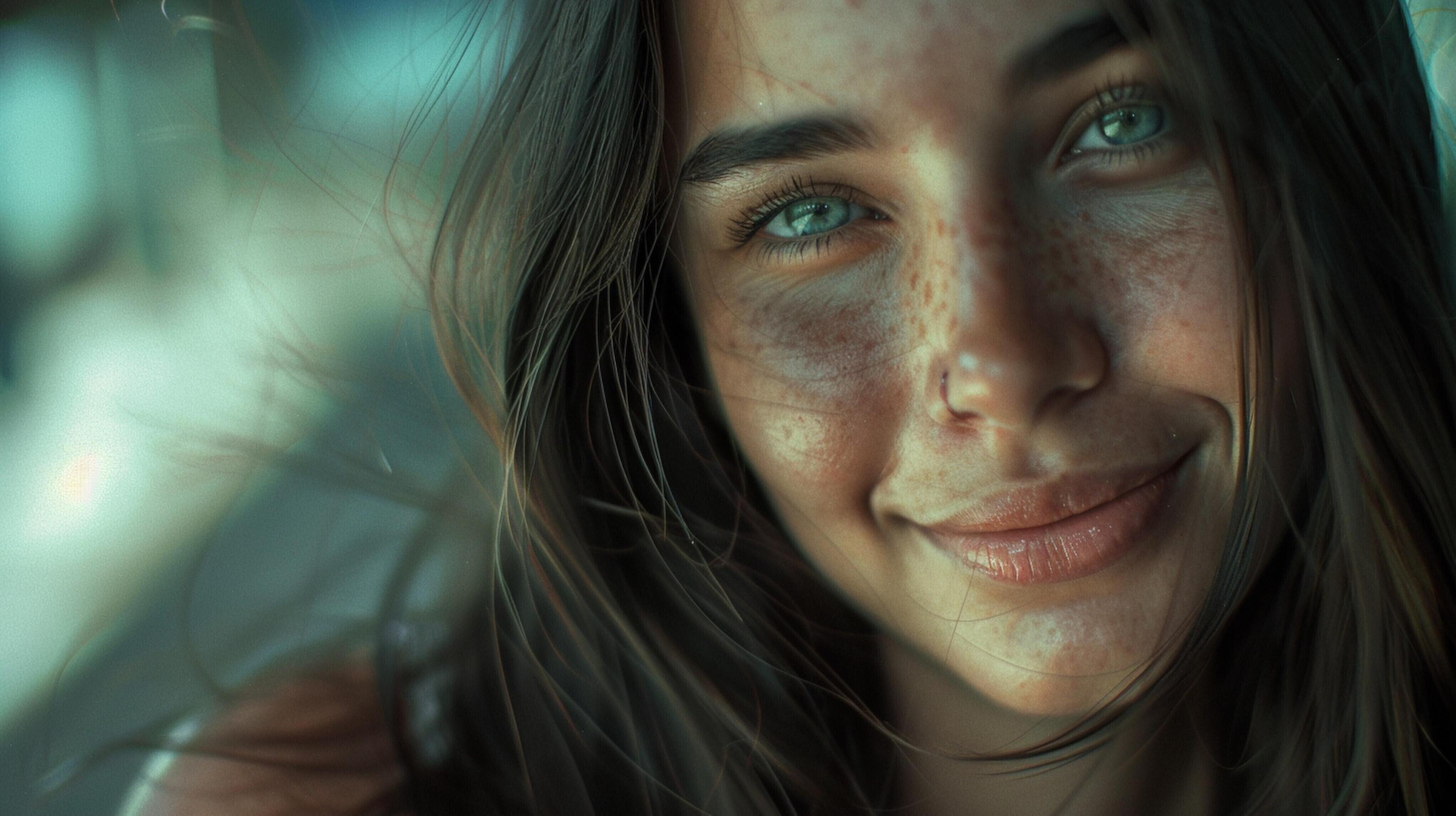 young woman with long brown hair smiling Stock Free